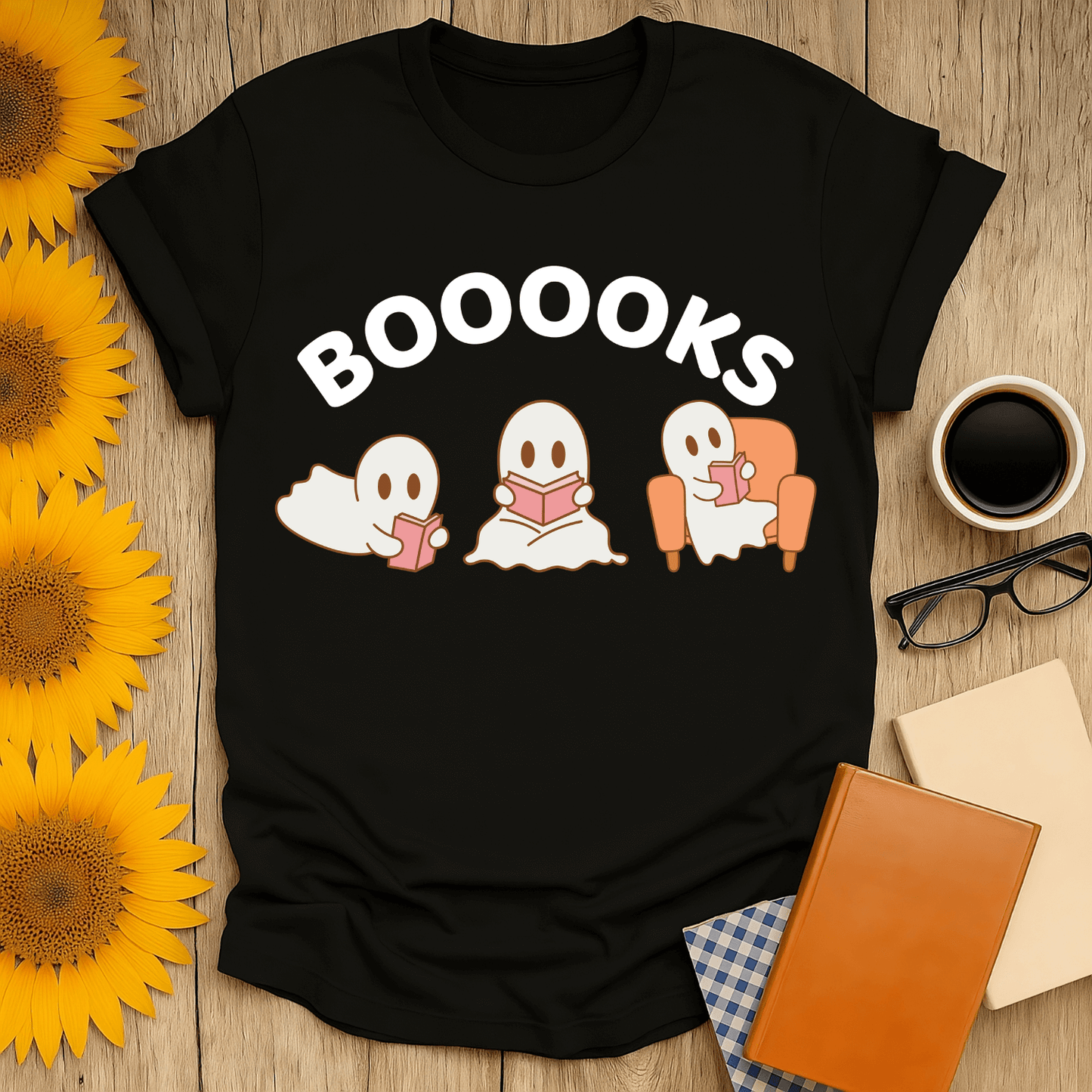 Booooks t-shirt for book lovers with playful ghost design, perfect for reading enthusiasts. Made from 100% ring-spun cotton.