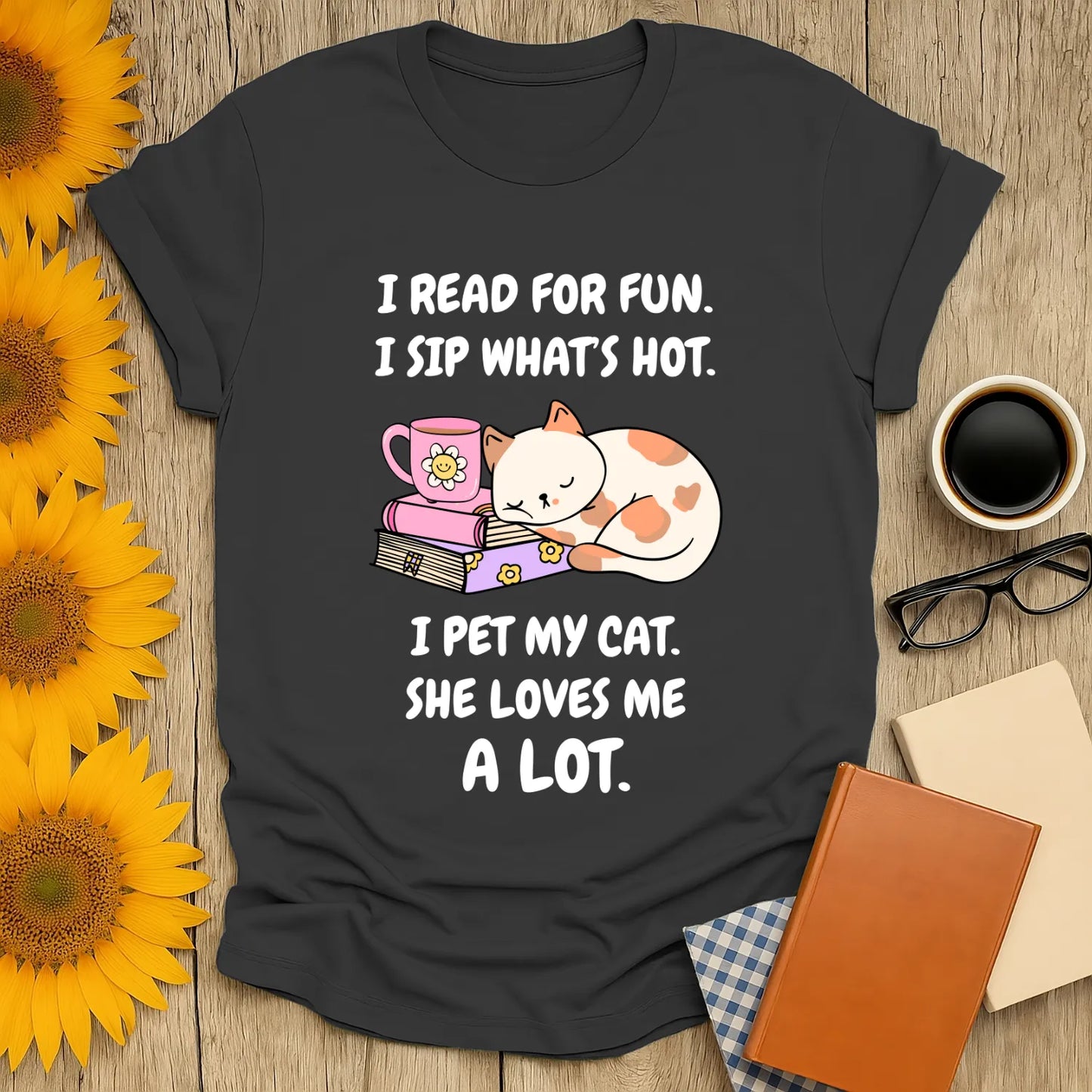 Funny reading tee featuring a cozy cat with a coffee cup and books, perfect for book lovers and cat enthusiasts.