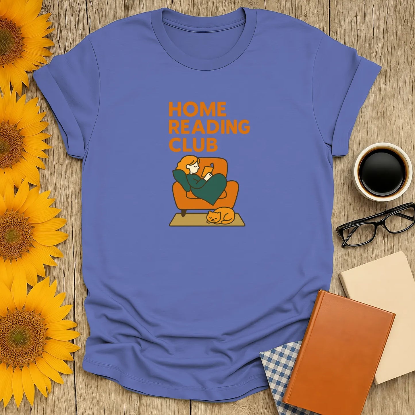 Home Reading Club T-Shirt featuring a cozy reader with a cat, perfect for book lovers and gifts for readers.