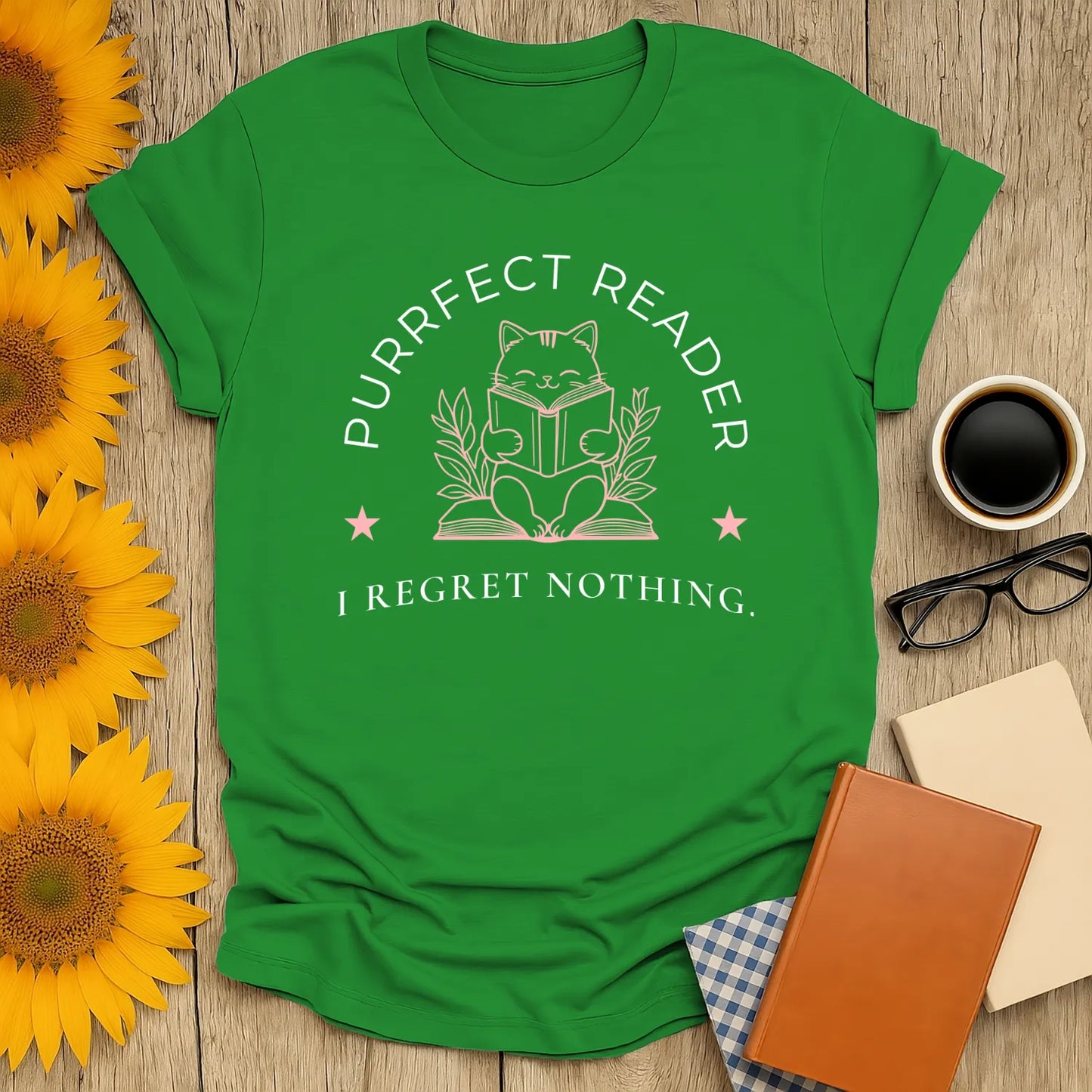 Purrfect Reader 2 T-Shirt with a cute cat reading, text 'I Regret Nothing', perfect gift for book lovers and cat enthusiasts.