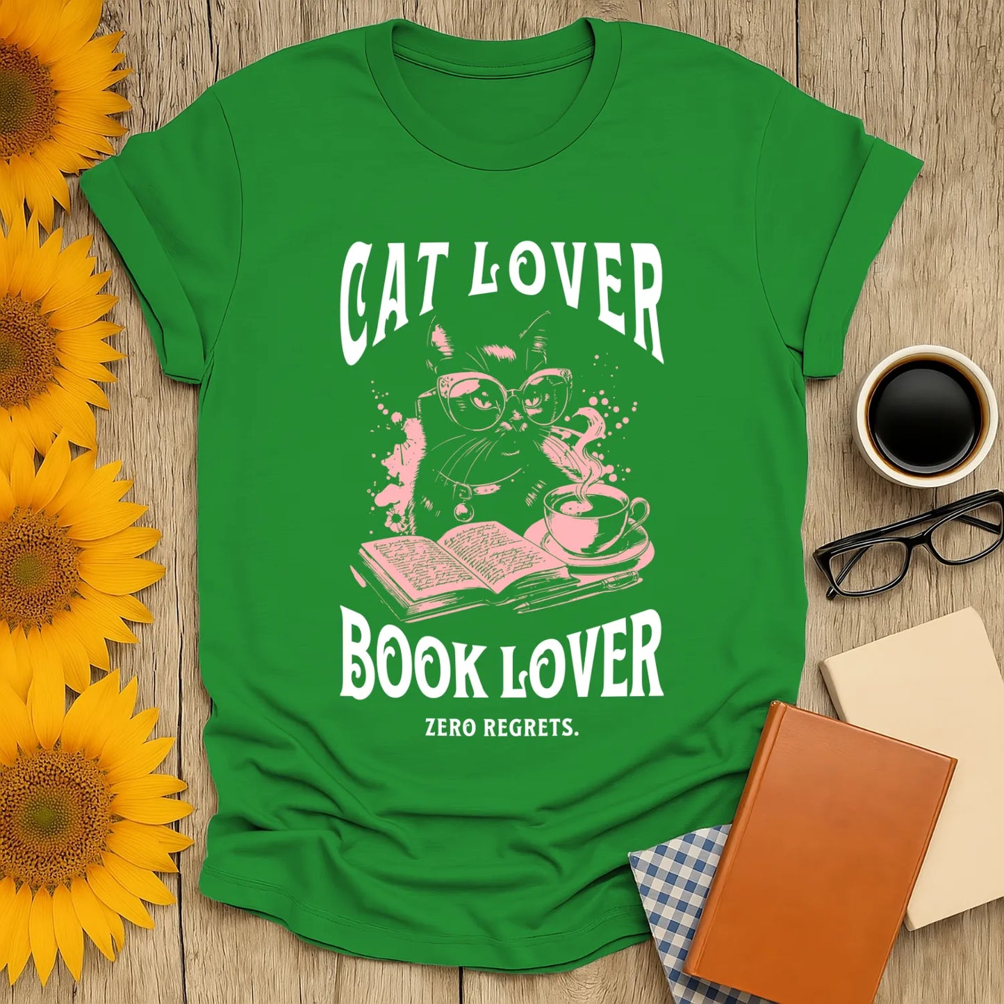 Cat & Book Lover T-Shirt featuring a cool cat in glasses, coffee, and an open book with text 'Zero Regrets'—perfect gift for readers.