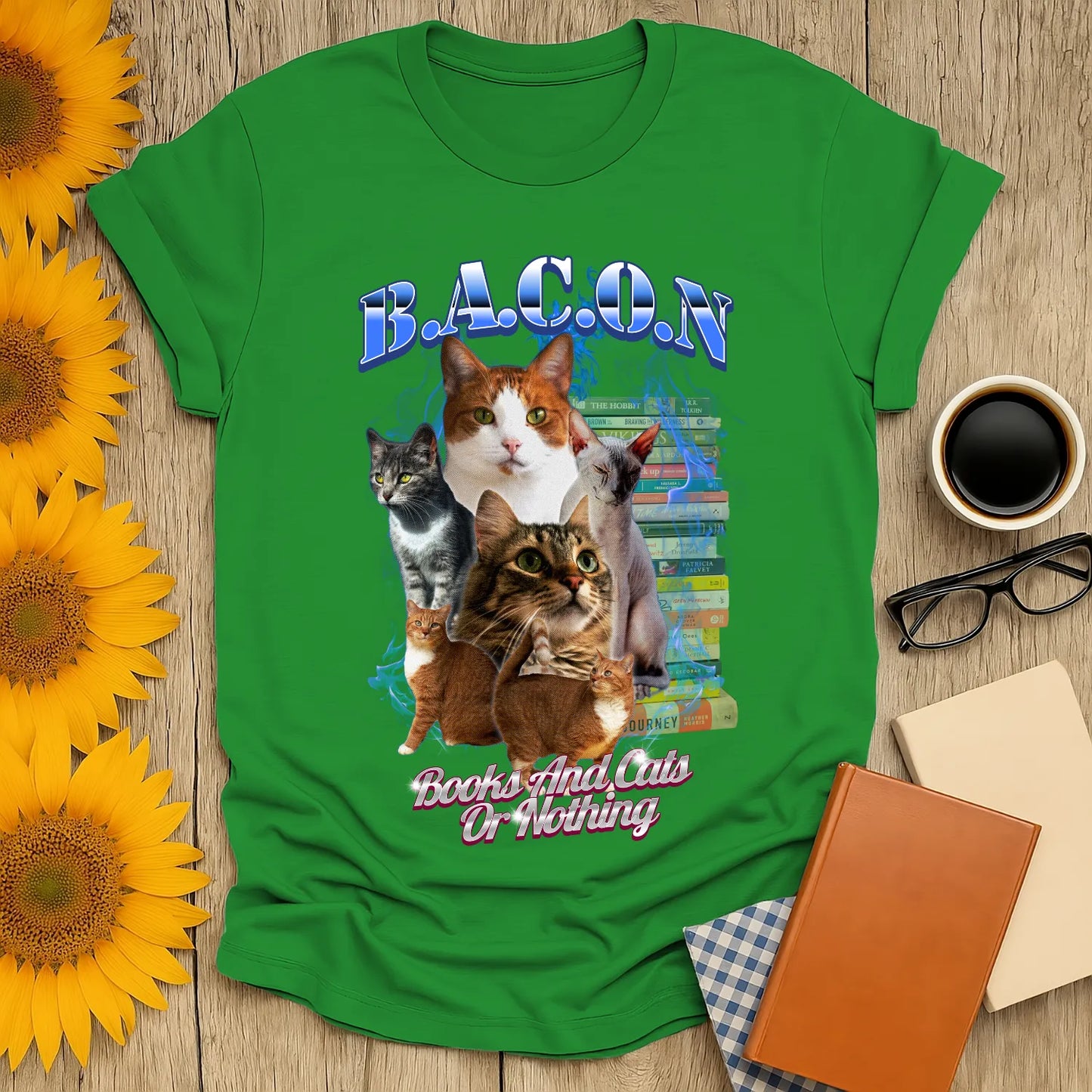 Books & Cats Or Nothing T-Shirt showcasing playful cats against a backdrop of books, perfect for book lovers and cozy vibes.