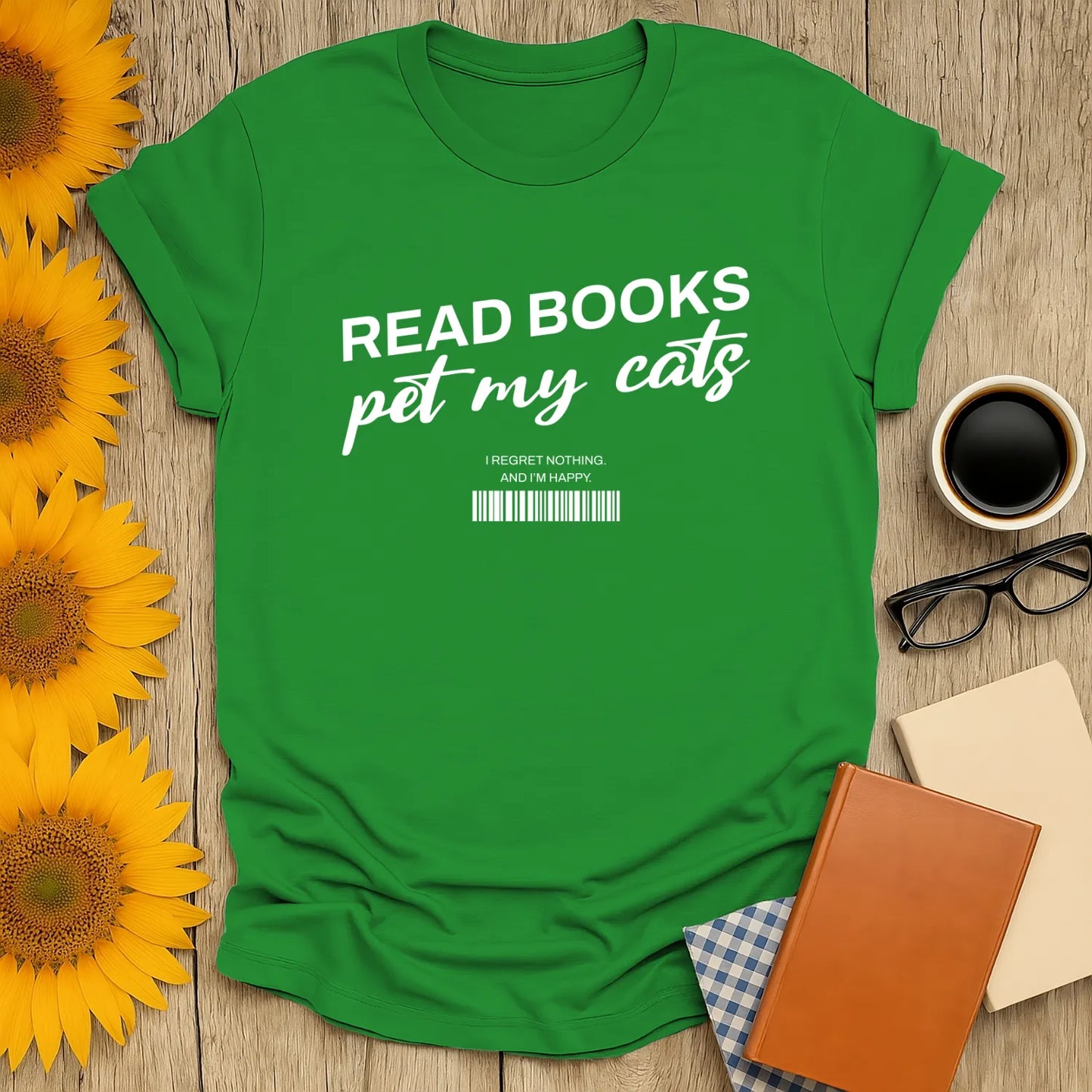Barcode Reader T-Shirt featuring playful text 'READ BOOKS pet my cats' and a quirky barcode, perfect for book lovers and cat enthusiasts.