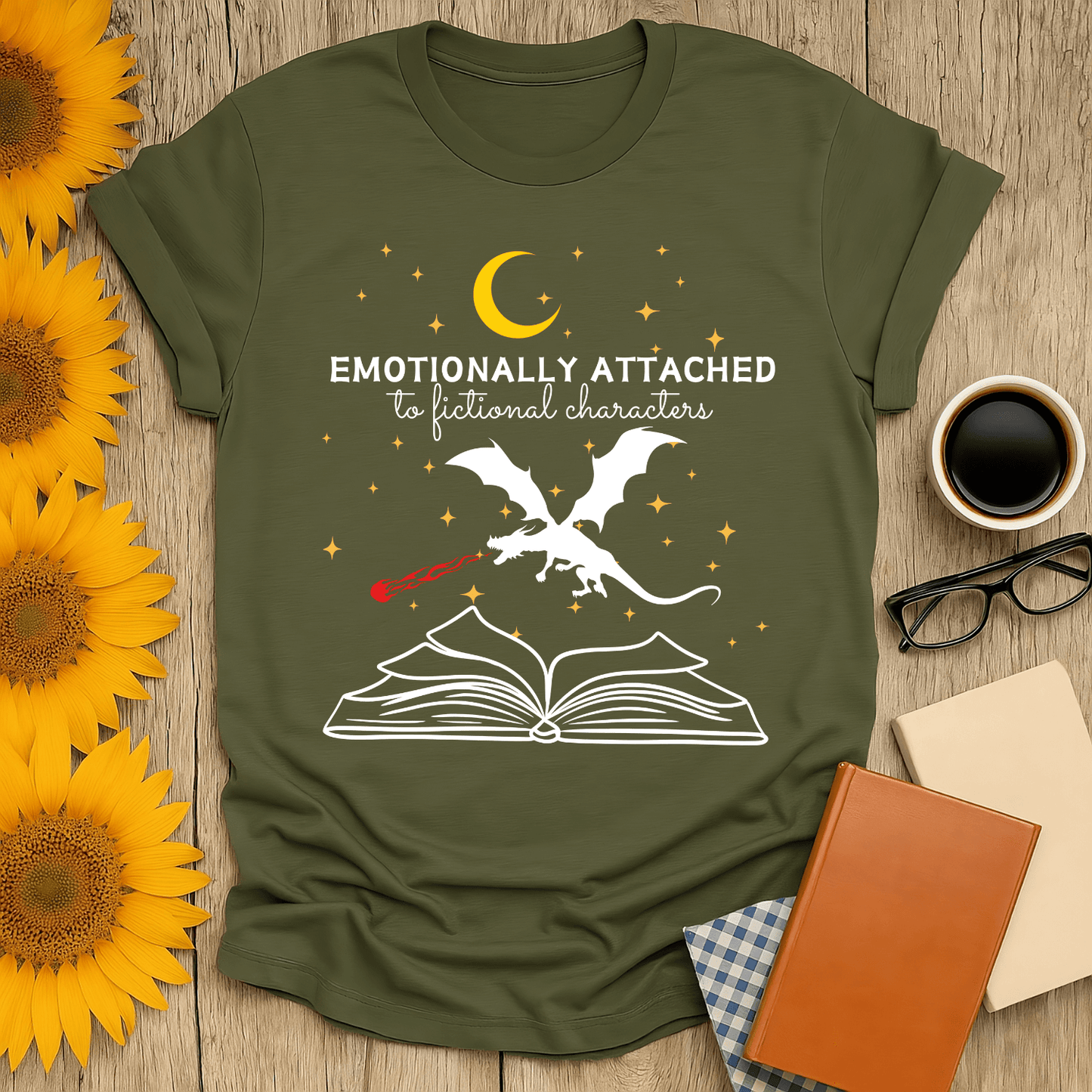 Green t-shirt with 'Emotionally Attached to Fictional Characters' design, perfect for book lovers.