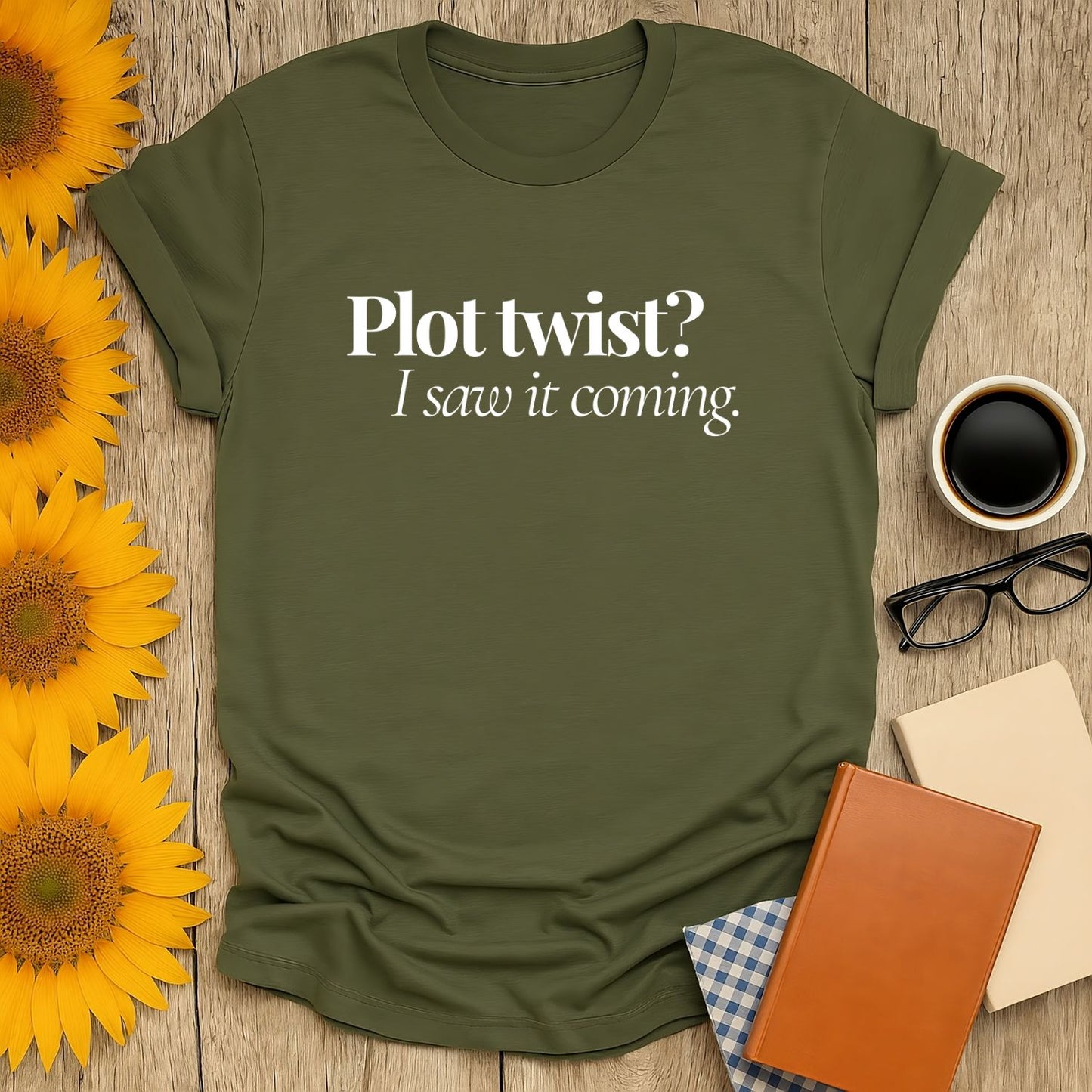 Plot Twist Pro T-Shirt for book lovers, featuring premium print and unisex fit, surrounded by sunflowers and books.