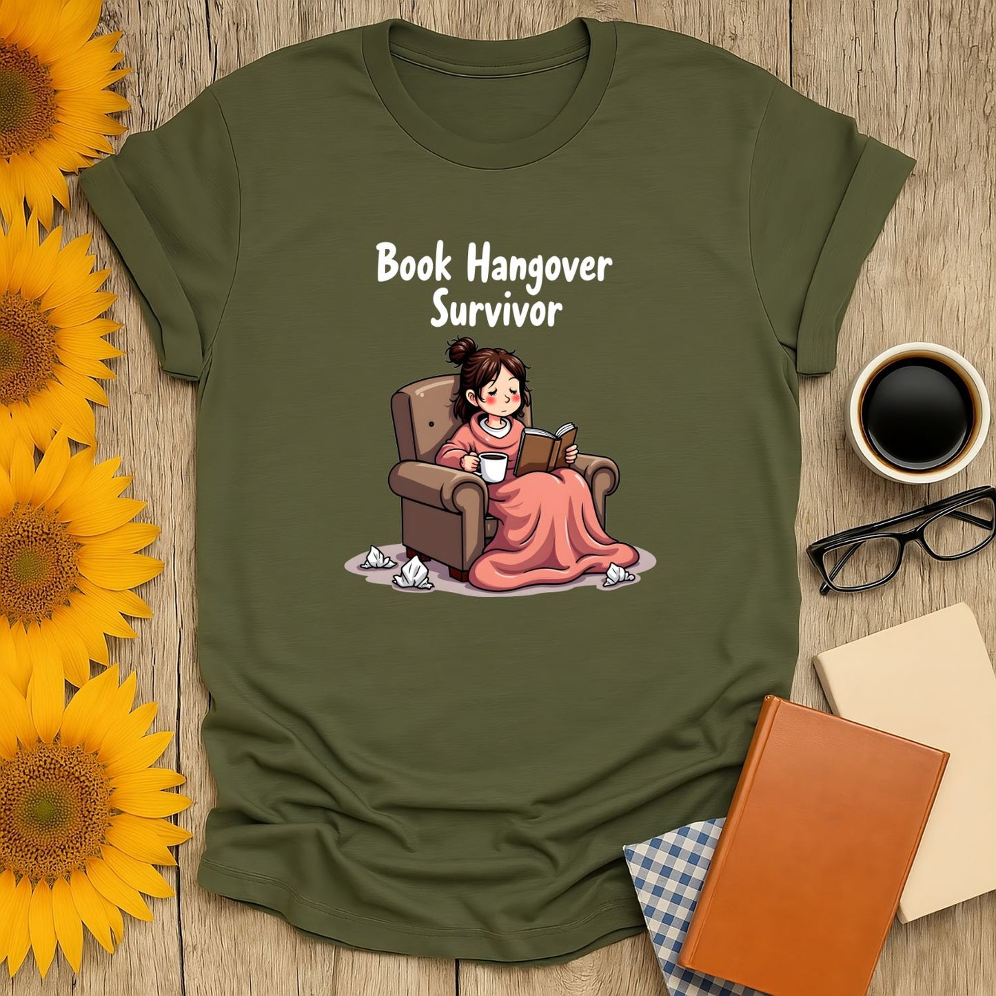 Book Hangover Survivor shirt featuring a cozy cartoon reader in a chair with a drink, perfect for book lovers and gifts for readers.