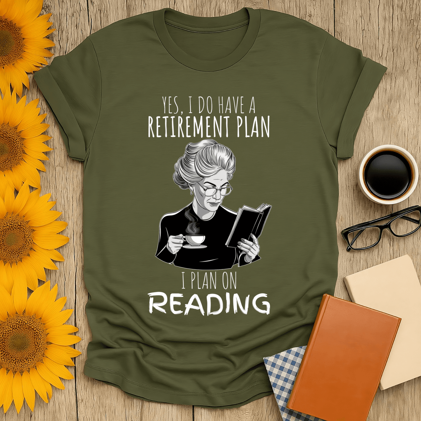 Retirement plan reading t-shirt for book lovers, featuring a vintage design with a woman reading and sipping coffee.
