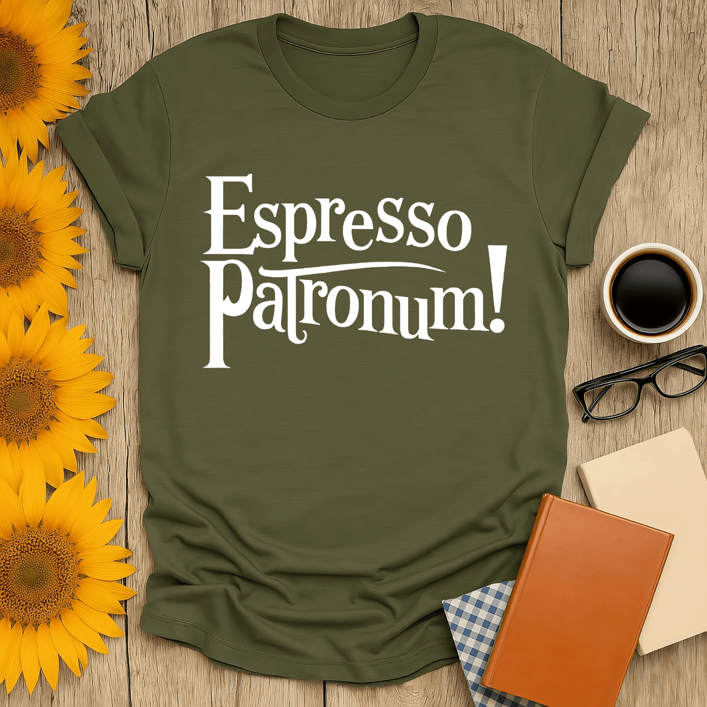 Espresso Patronum! t-shirt in olive green, perfect for book lovers, made of 100% ring-spun cotton.