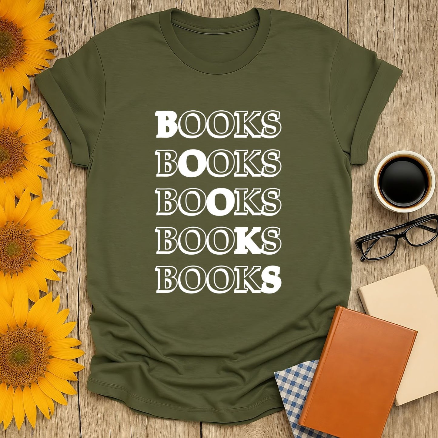 All About Books T-Shirt for book lovers, featuring a stylish design with repeated 'BOOKS' print on a green background.