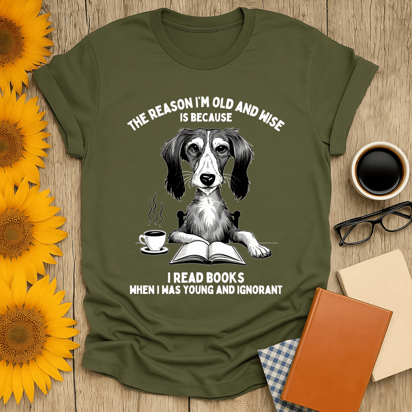 Old & Wise Reader T-Shirt featuring a dog with a book and coffee, perfect for book lovers, made from 100% cotton.