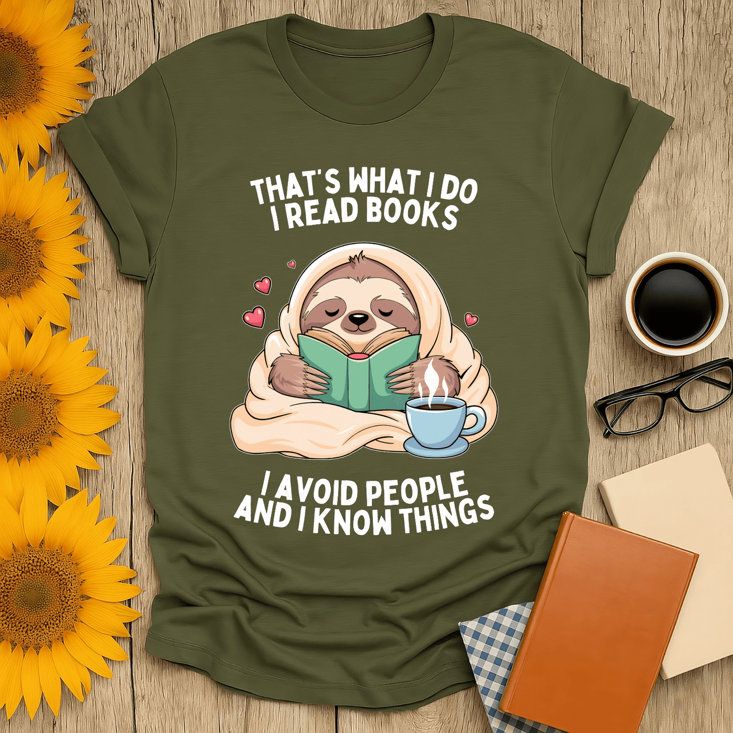 Funny sloth reading t-shirt design for book lovers, featuring cozy illustrations and playful text.