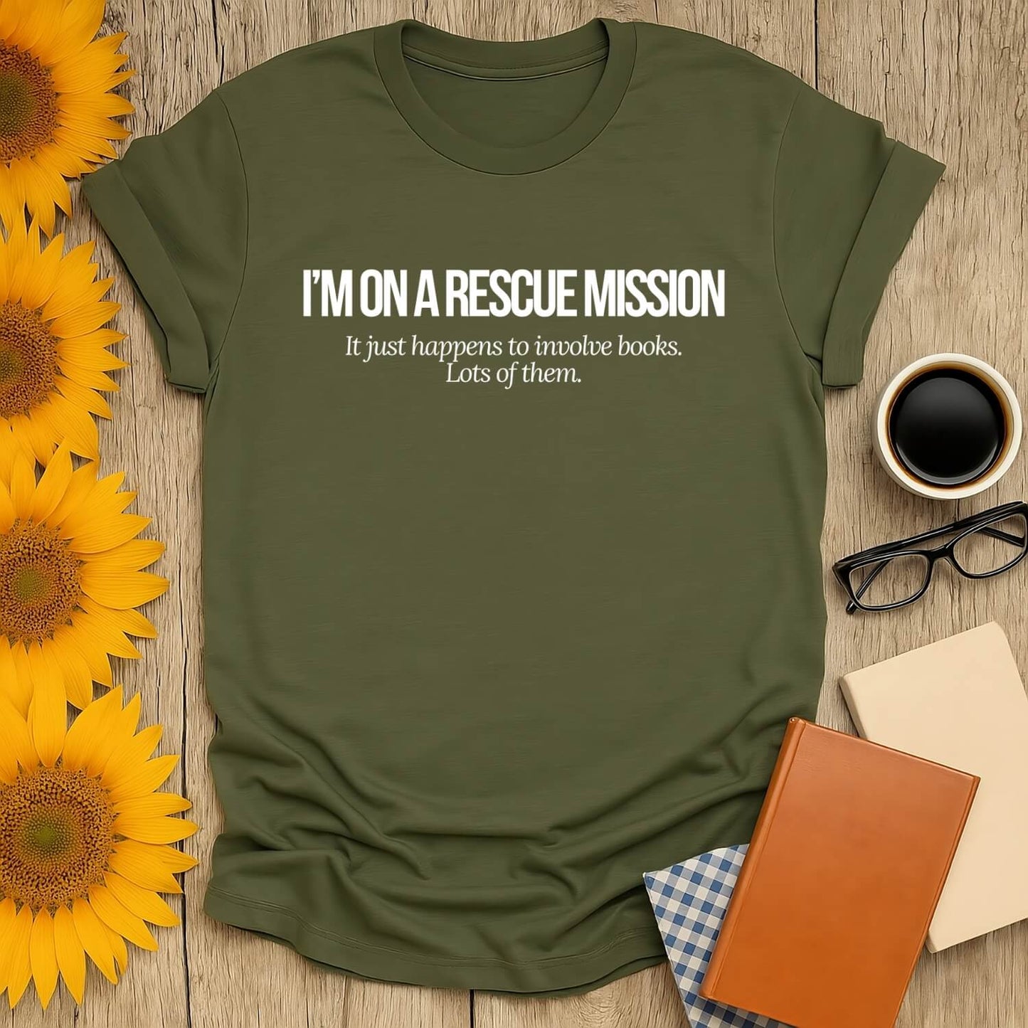 Green unisex Book Rescue Mission T-Shirt for book lovers, featuring screen-printed design on breathable fabric.