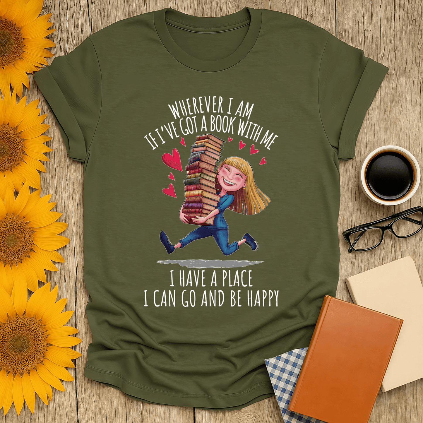 Book lover t-shirt featuring a girl carrying books with a heartwarming quote, perfect for avid readers.