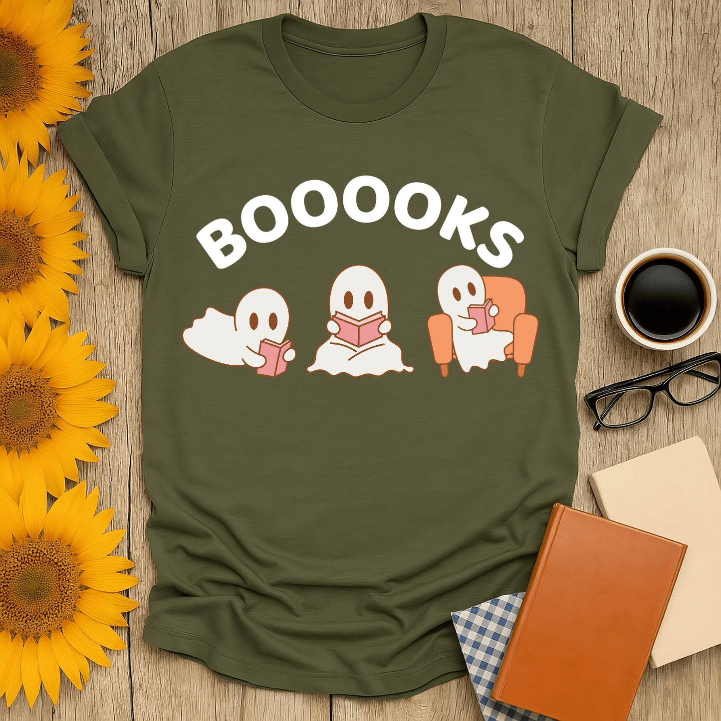 Booooks T-Shirt featuring playful ghost designs, perfect for book lovers, made from 100% cotton and shipped from the USA.