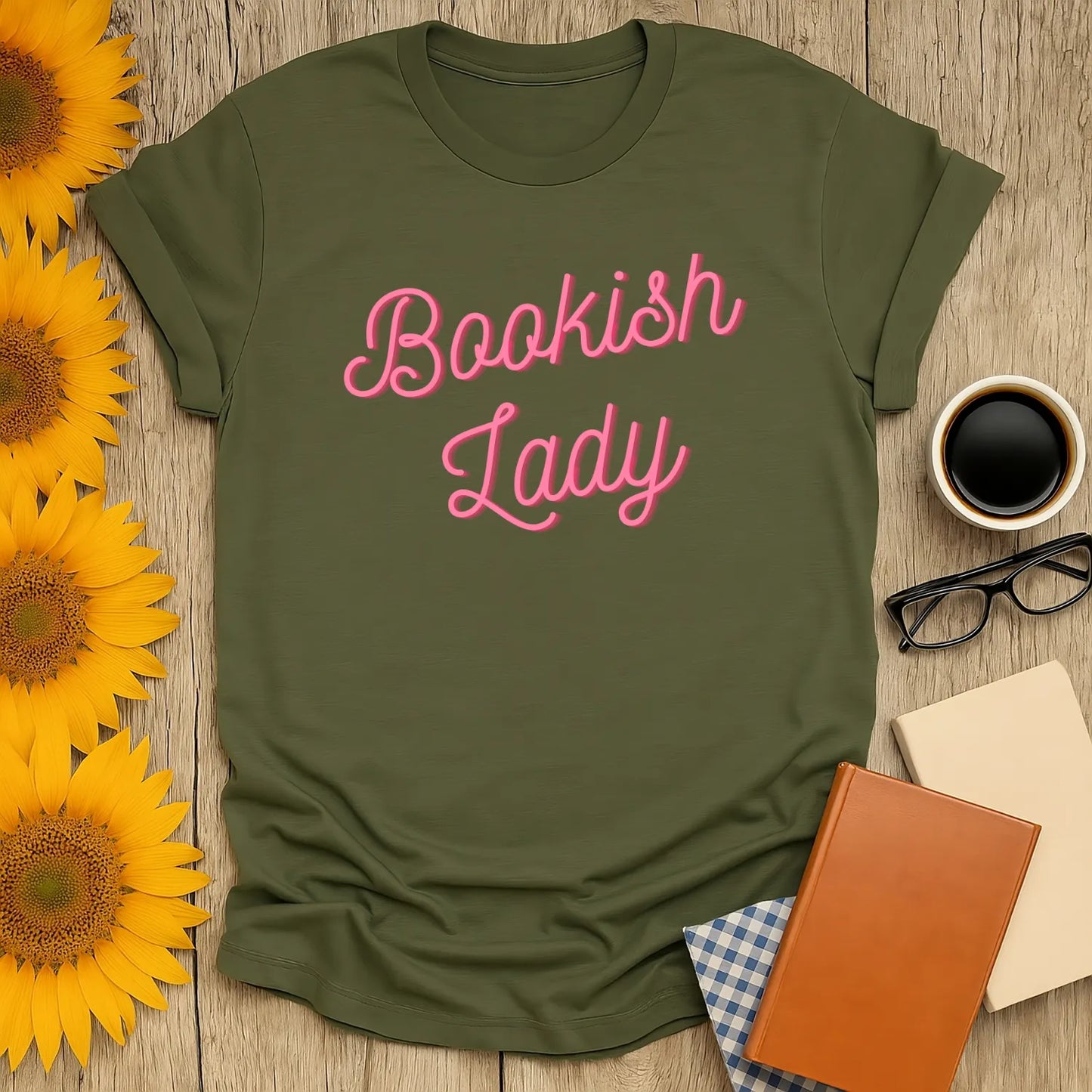 Bookish Lady T-Shirt in olive green with vibrant pink text, perfect gift for book lovers who adore cats, coffee, or tea.
