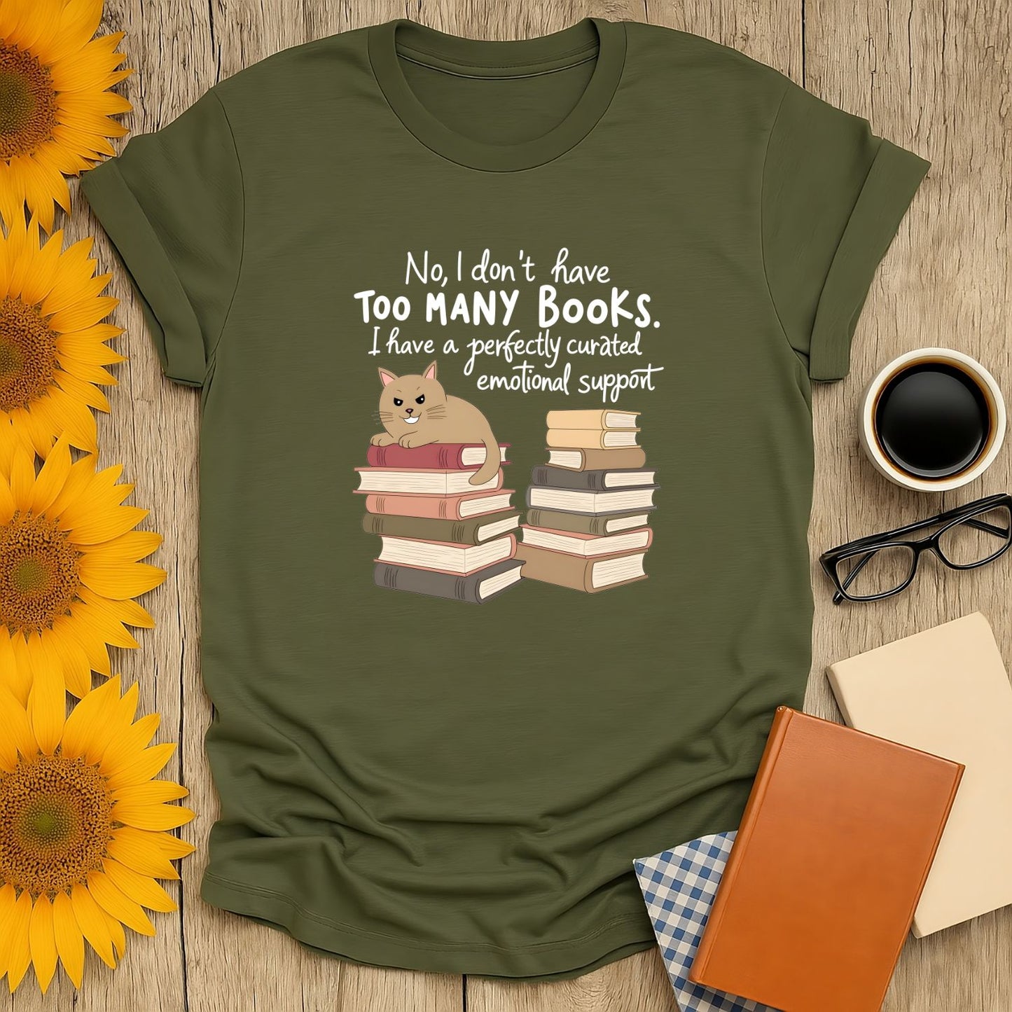 Funny book lover shirt featuring a cat with books and text about emotional support. Perfect gift for cozy readers!