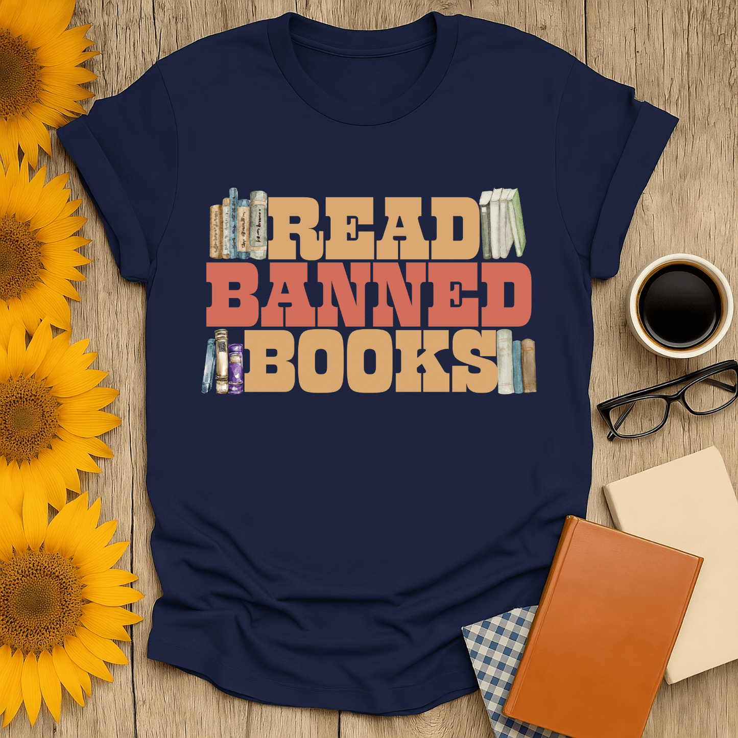Unisex Read Banned Books t-shirt in navy, perfect for book lovers, made of 100% ring-spun cotton.