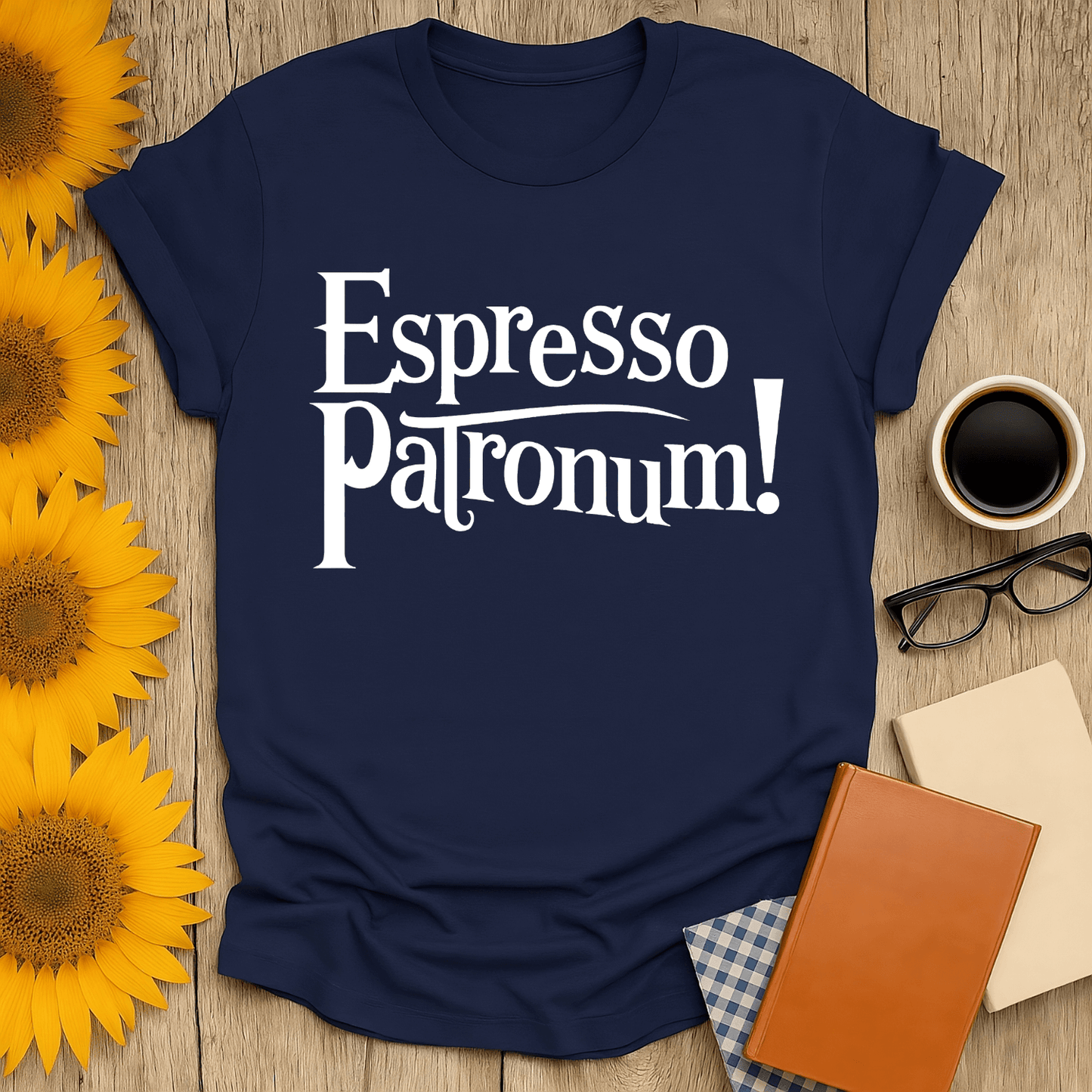 Espresso Patronum! T-shirt in navy, perfect for book lovers, made of 100% ring-spun cotton, with a premium screen-printed design.