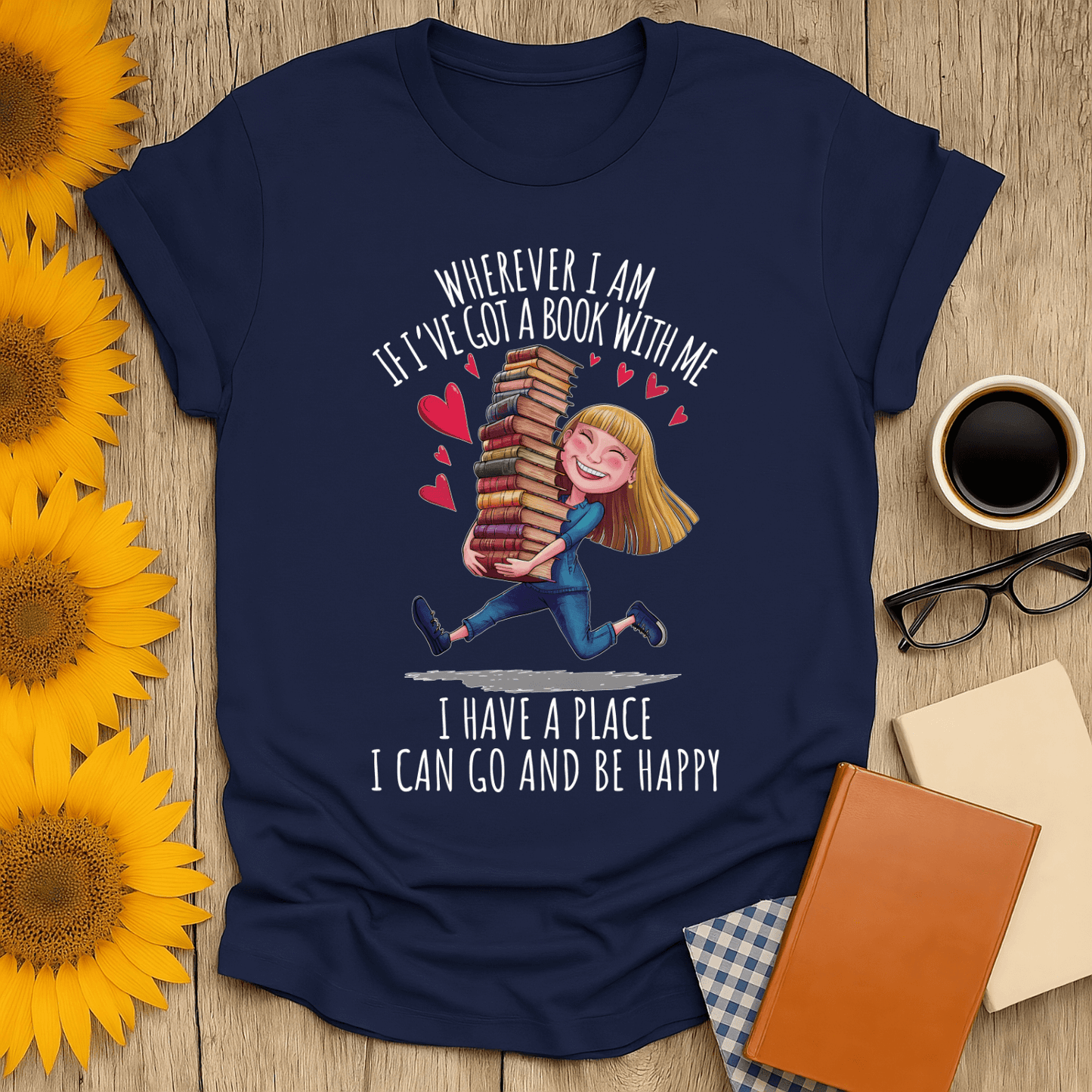 Blue t-shirt for book lovers with playful design and text about happiness from reading books.