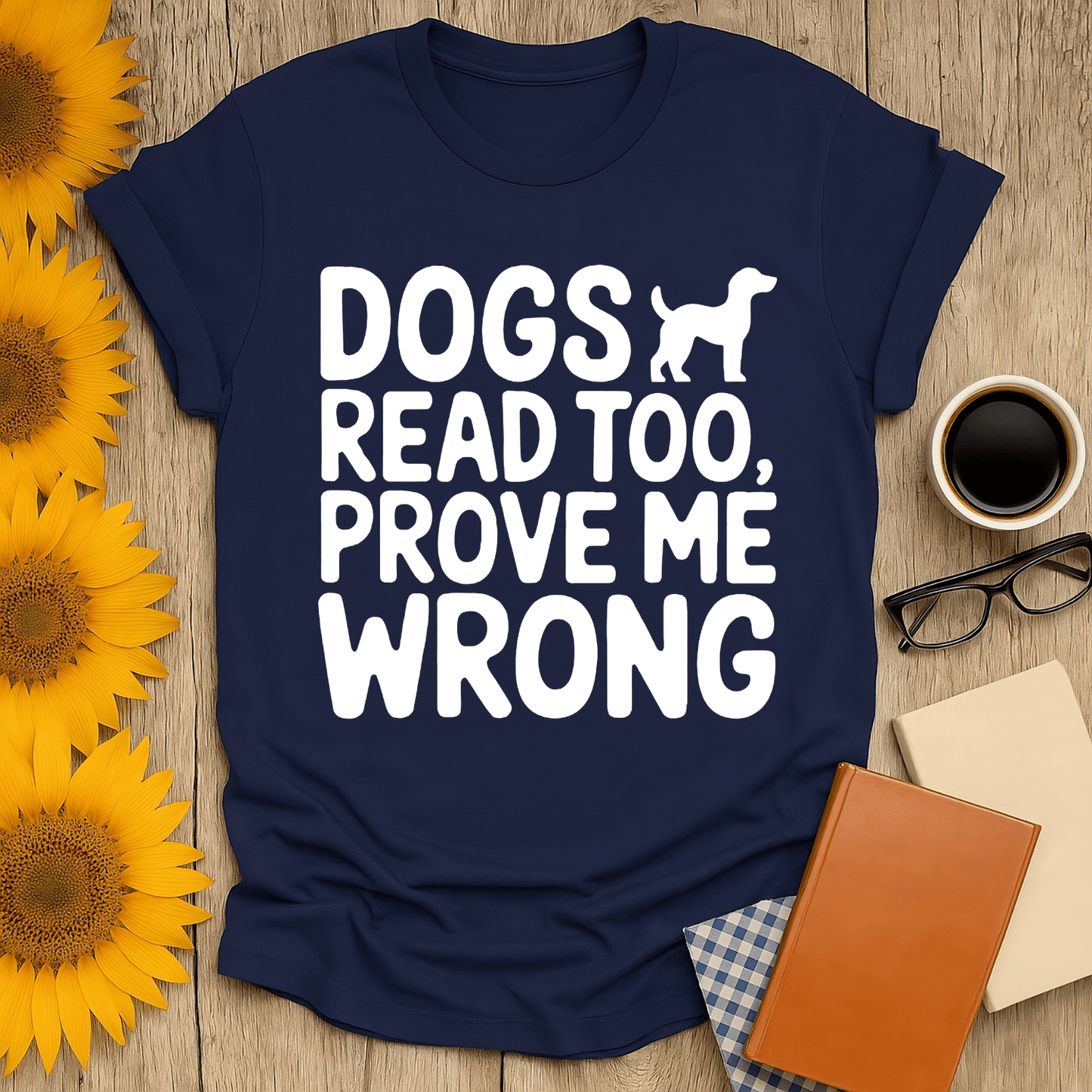 Dogs Read Too T-Shirt - Unisex book lover tee in navy with premium screen-printed design, perfect for dog and book enthusiasts.