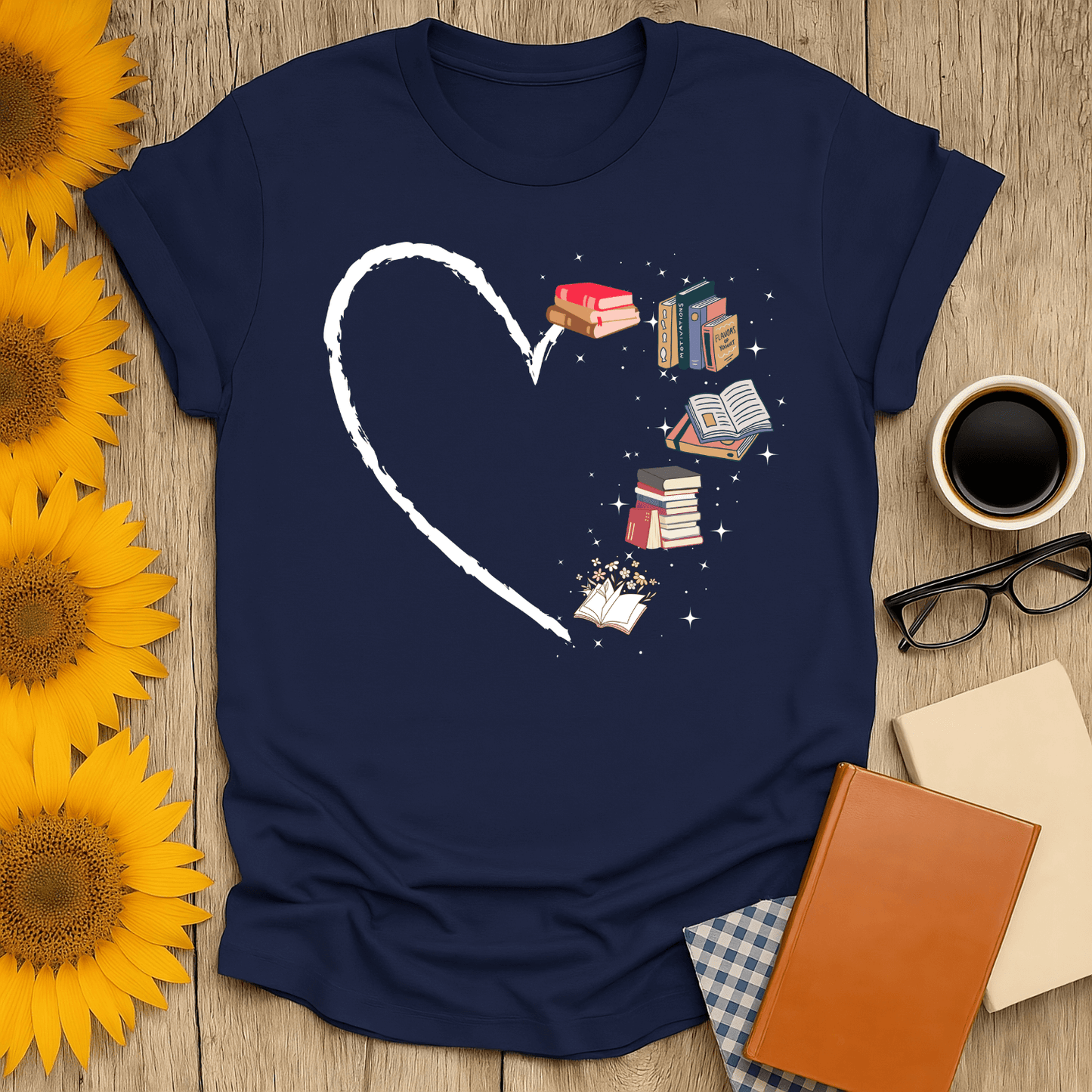 Bookish Heart T-Shirt featuring book illustrations, perfect for book lovers. Unisex fit and lightweight cotton.
