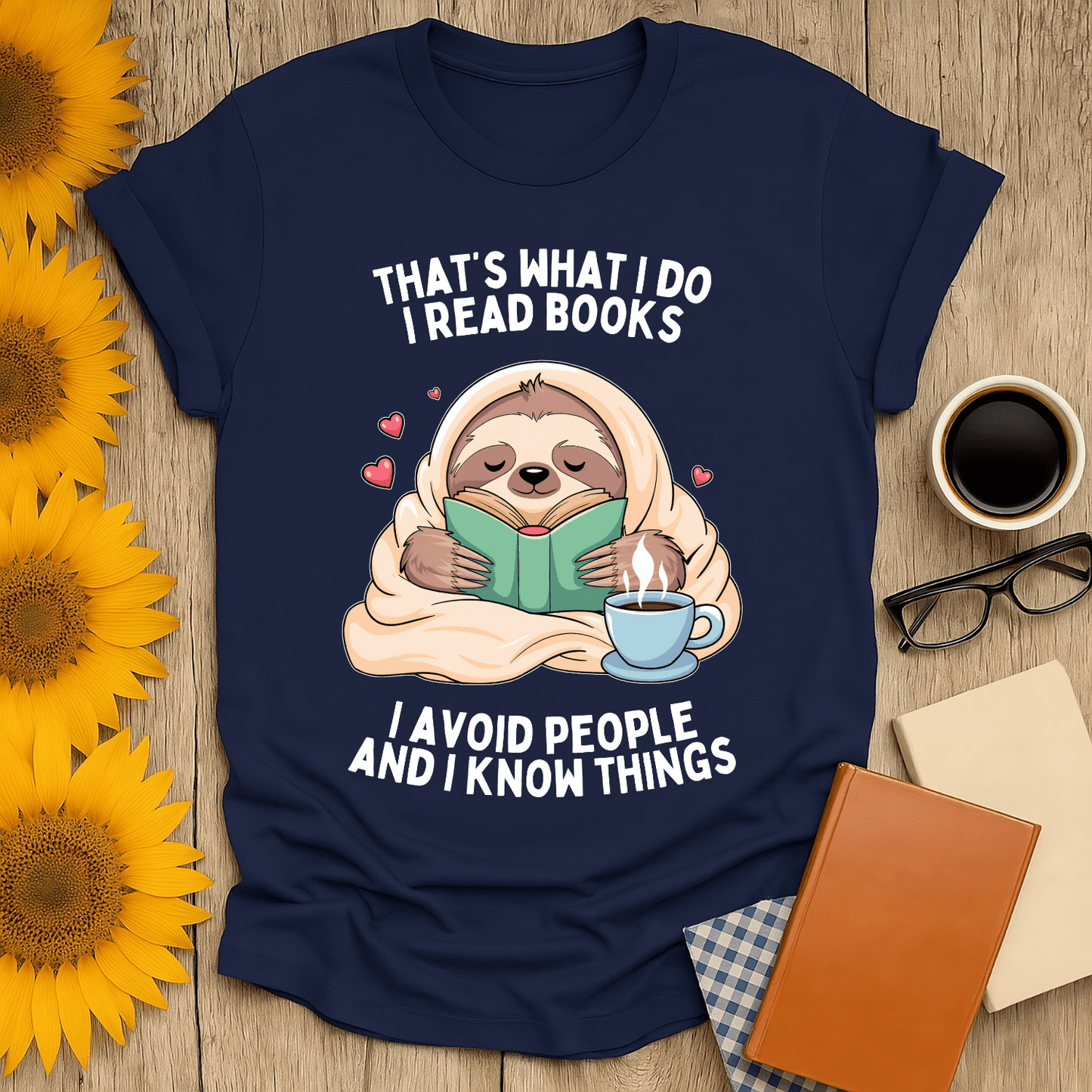 Sloth-themed book lover t-shirt with playful quote about reading and avoiding people, perfect for cozy occasions.
