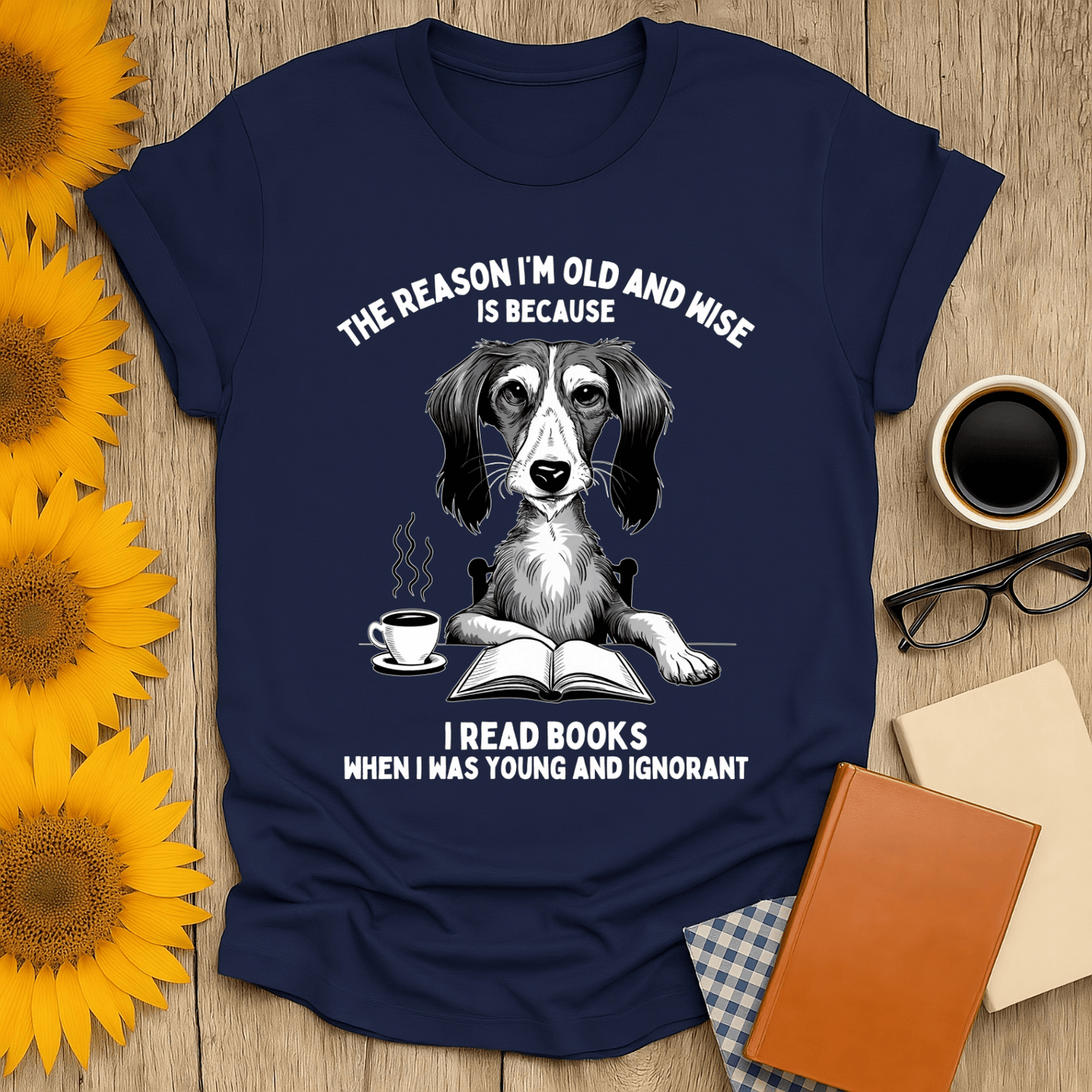 Old & Wise Reader T-Shirt featuring a dog reading, perfect for book lovers. 100% cotton, unisex fit, premium design.