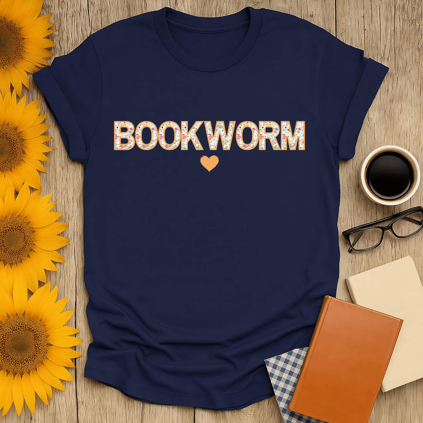 Floral Bookworm T-Shirt for book lovers featuring a stylish screen-printed design on navy cotton fabric.