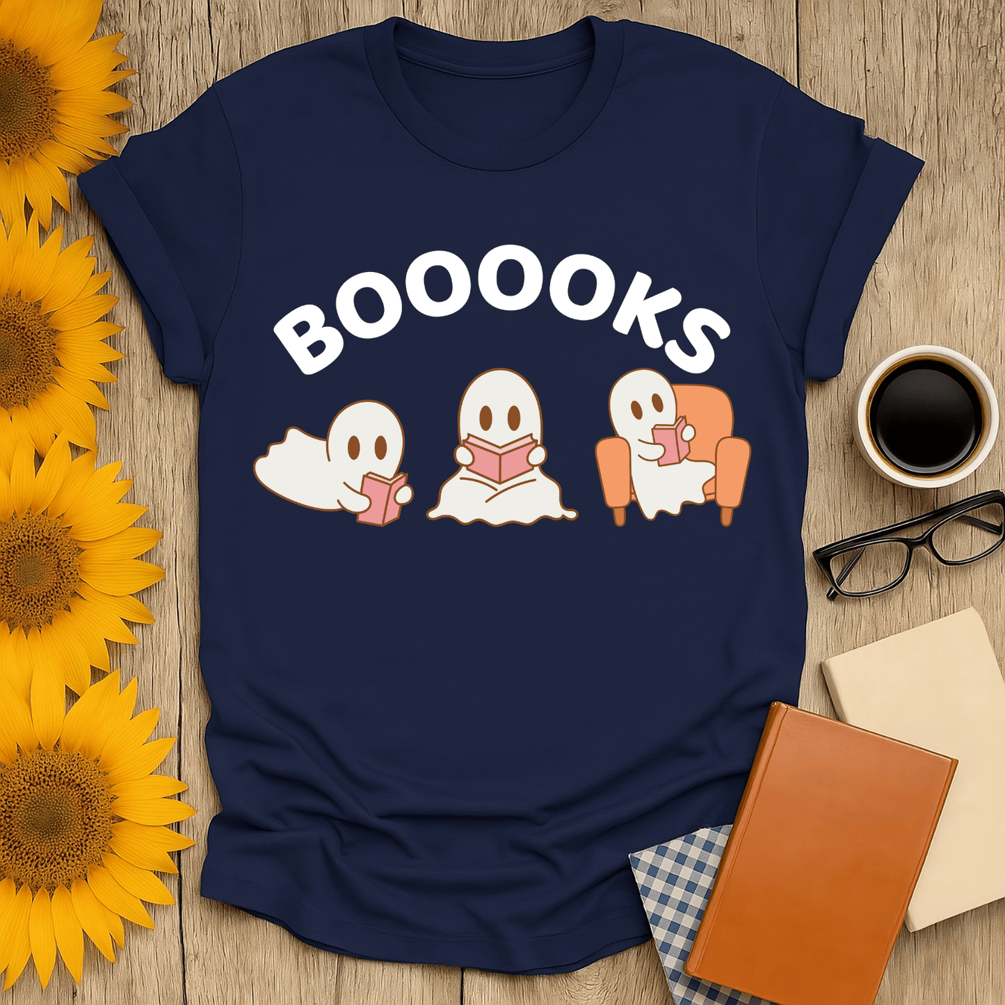 Booooks T-Shirt for book lovers featuring playful ghost characters, perfect for cozy reading days.