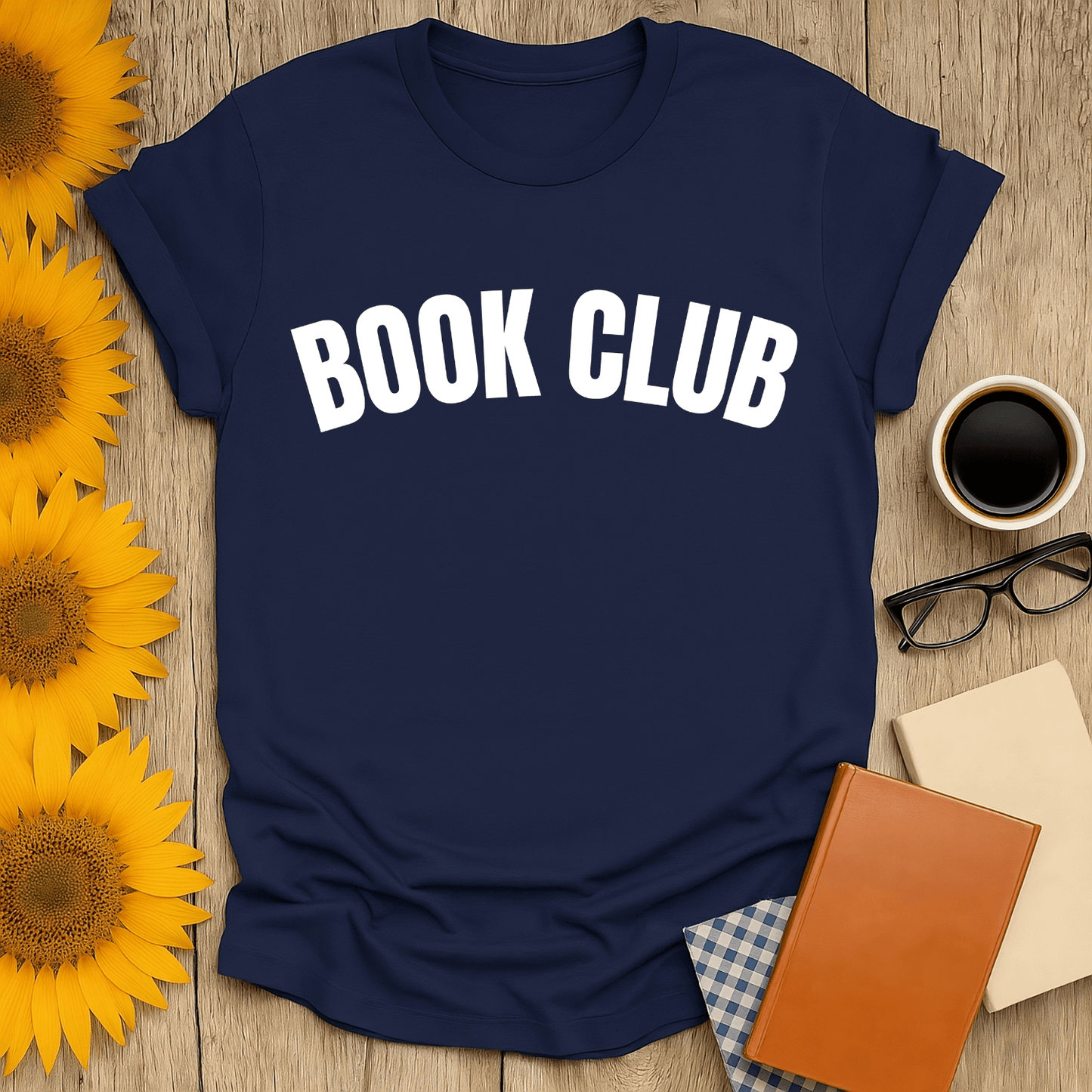 Navy book lover t-shirt featuring 'BOOK CLUB' design, perfect for reading enthusiasts. Made of soft, breathable cotton.