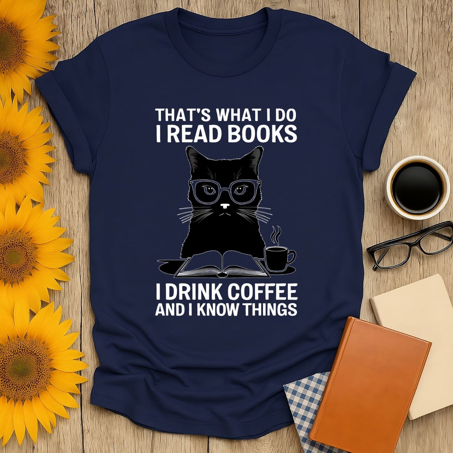 Navy Coffee & Cat Wisdom T-Shirt for book lovers, featuring a cat in glasses. Soft, breathable cotton with screen print design.