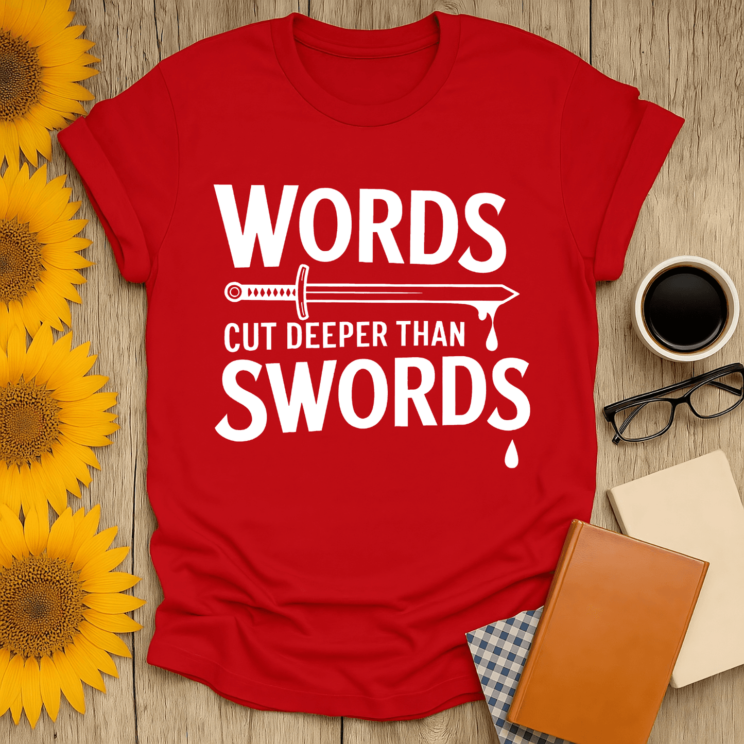 Words Cut Deeper Than Swords t-shirt for book lovers, made from breathable ring-spun cotton, unisex fit, vibrant red design.