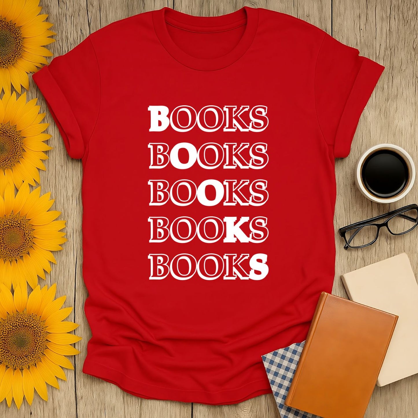 Red unisex 'Books' t-shirt for book lovers, featuring a premium soft print, styled with sunflowers and coffee.