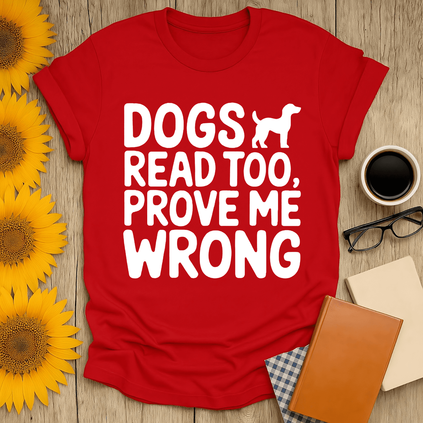 Dogs Read Too T-Shirt in red, perfect for book lovers. 100% cotton, unisex fit, vibrant screen-printed design.