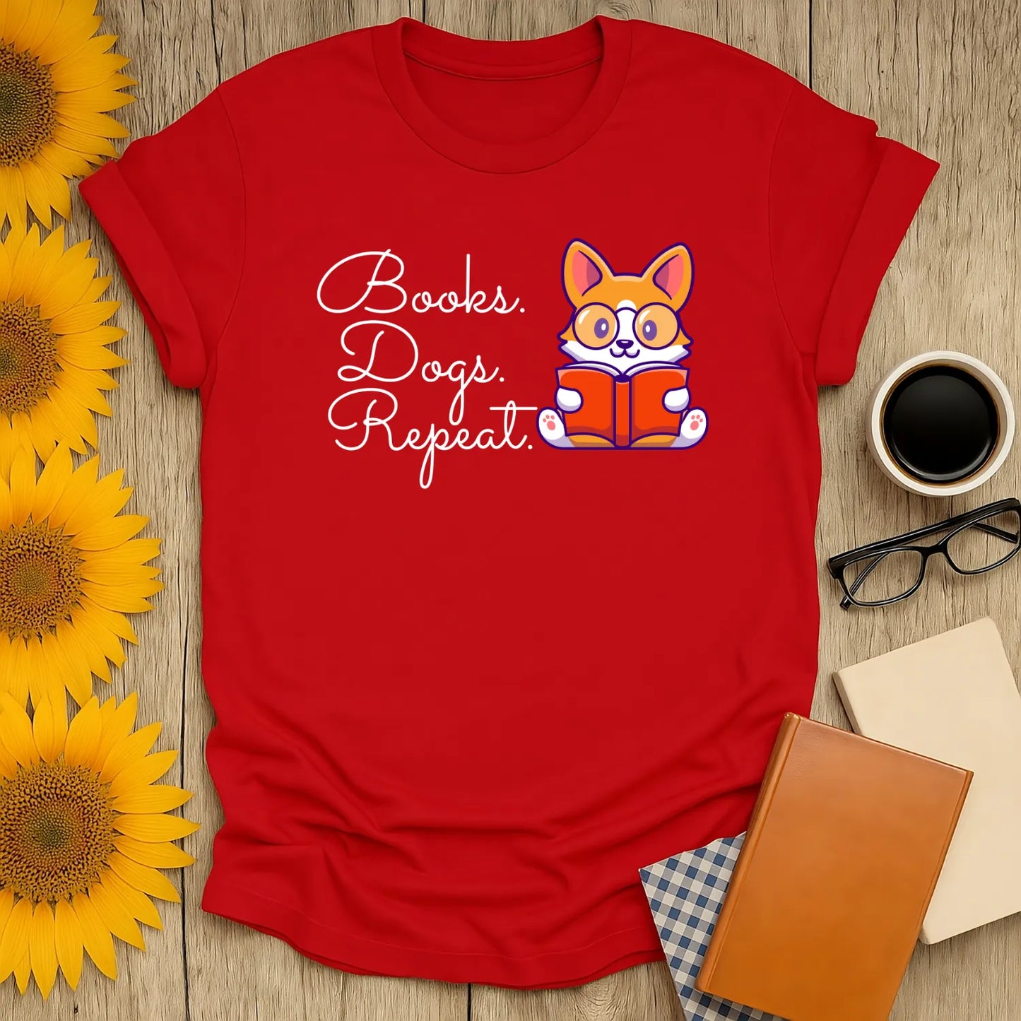 Red book lover shirt featuring a cute corgi reading, saying 'Books. Dogs. Repeat.' Perfect for cozy readers and pet lovers!