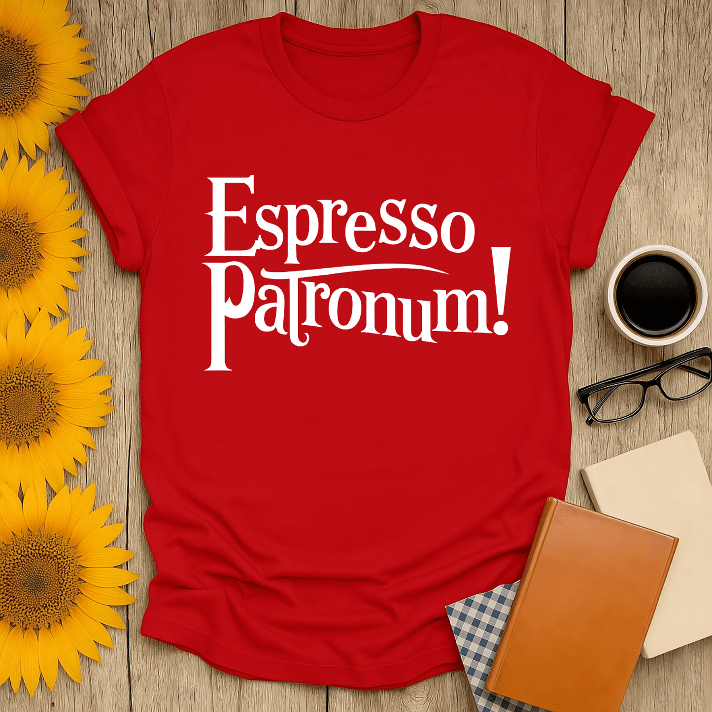 Espresso Patronum! T-Shirt on wooden background with sunflowers, ideal for book lovers.