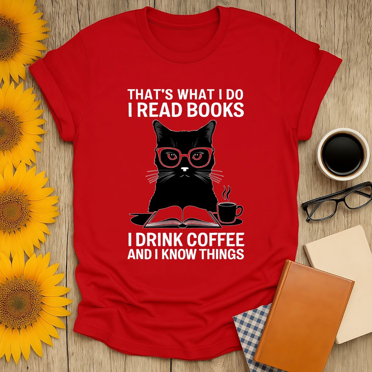 Red Coffee & Cat Wisdom T-Shirt featuring a cat with glasses, perfect for book lovers. 100% cotton, unisex fit.