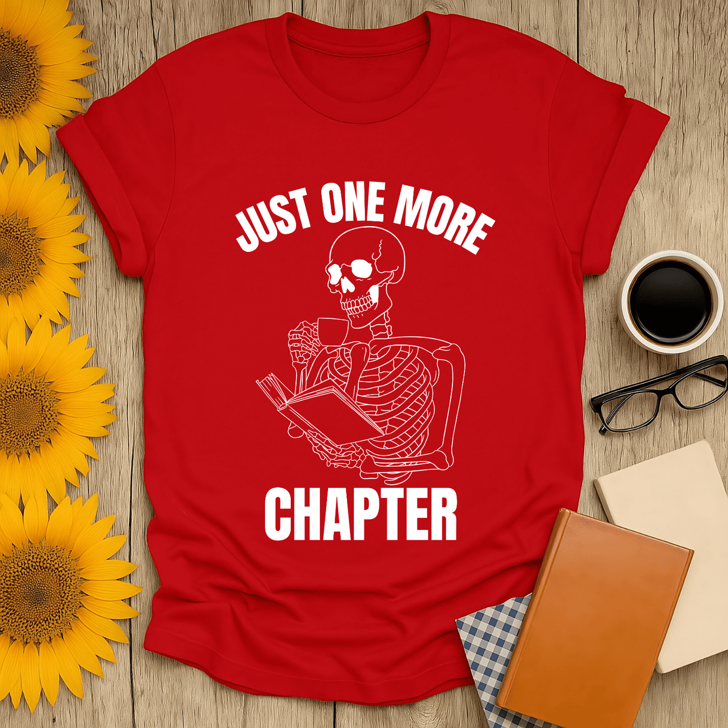 Skeleton Reader T-Shirt for book lovers, featuring a playful design with a skeleton reading. Perfect gift for readers.