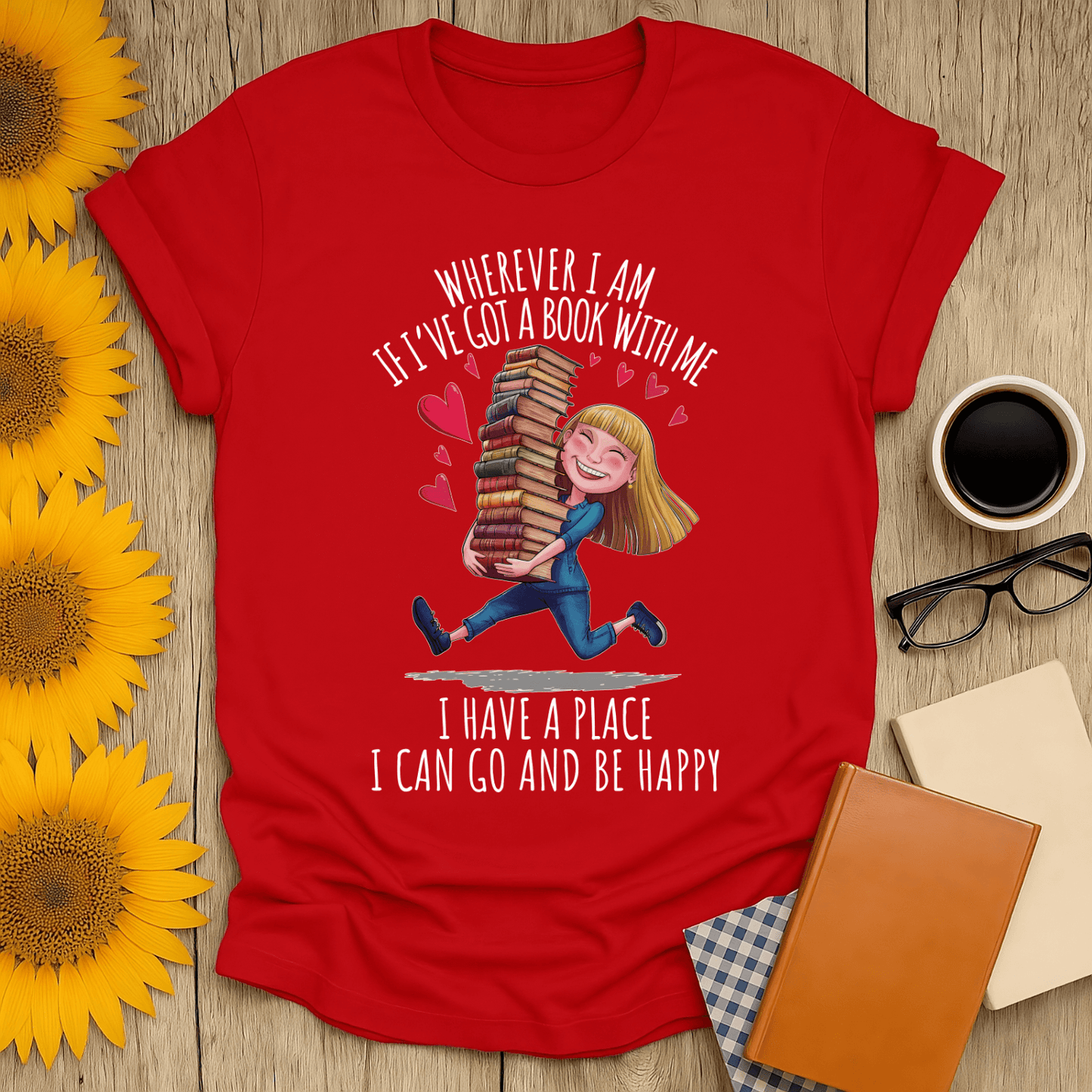 Red book lover t-shirt featuring a girl with stacked books and the phrase about happiness with books.