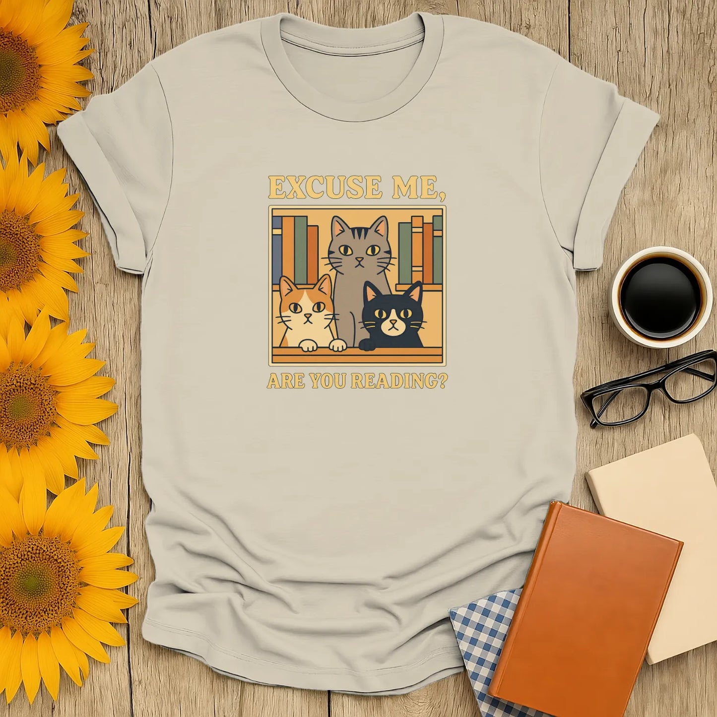 Funny cat reading shirt featuring three curious cats asking, 'Excuse me, are you reading?' Perfect for book lovers!