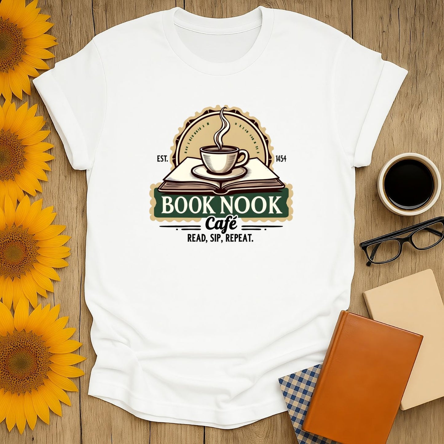 Cozy Book Nook Cafe shirt featuring a steaming coffee cup & book design, perfect gift for coffee-loving bookworms.
