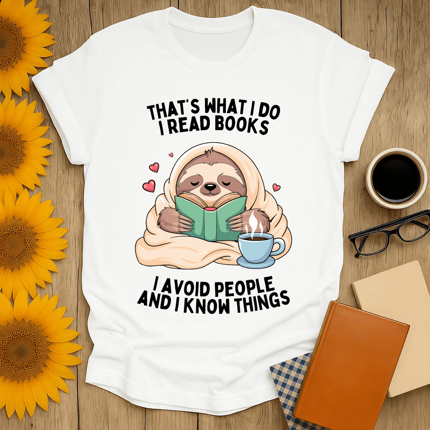 Read Avoid Know T-Shirt featuring a sloth reading, perfect for book lovers. 100% cotton, unisex fit.