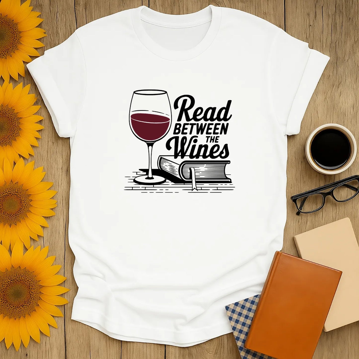 Funny reading tee with wine glass and book, perfect gift for book lovers who adore cozy moments with cats and coffee.