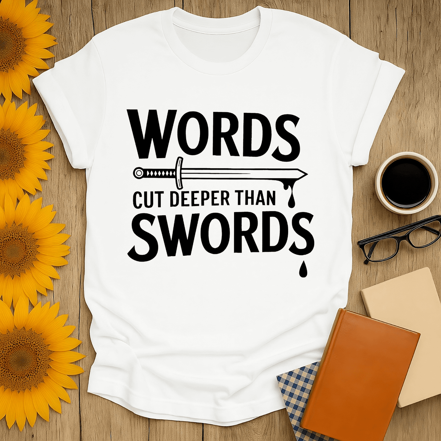 Words Cut Deeper Than Swords T-Shirt for book lovers, featuring premium screen-printed design on soft cotton.