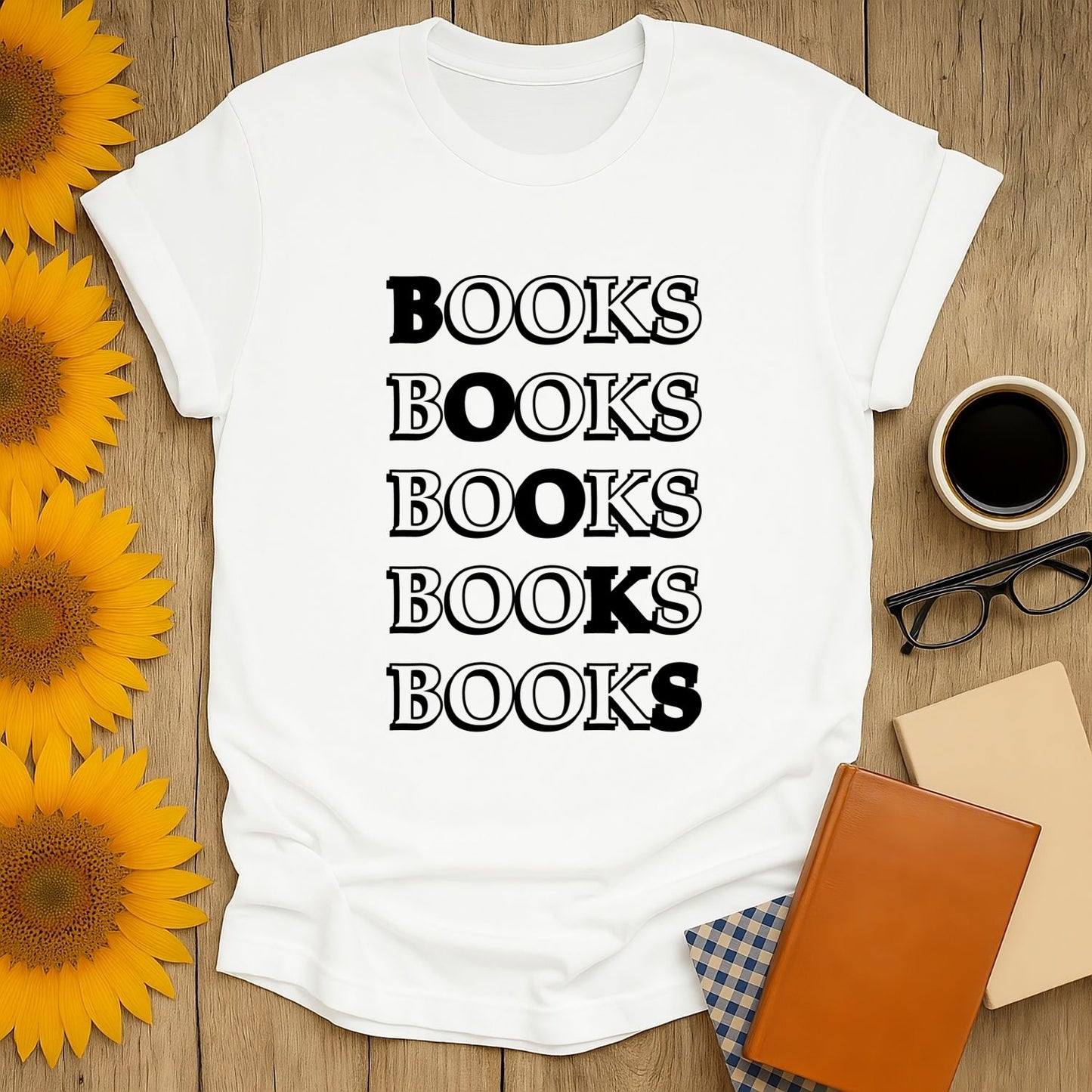 Cozy book lover shirt with playful 'BOOKS' typography, perfect for readers who enjoy coffee or tea.