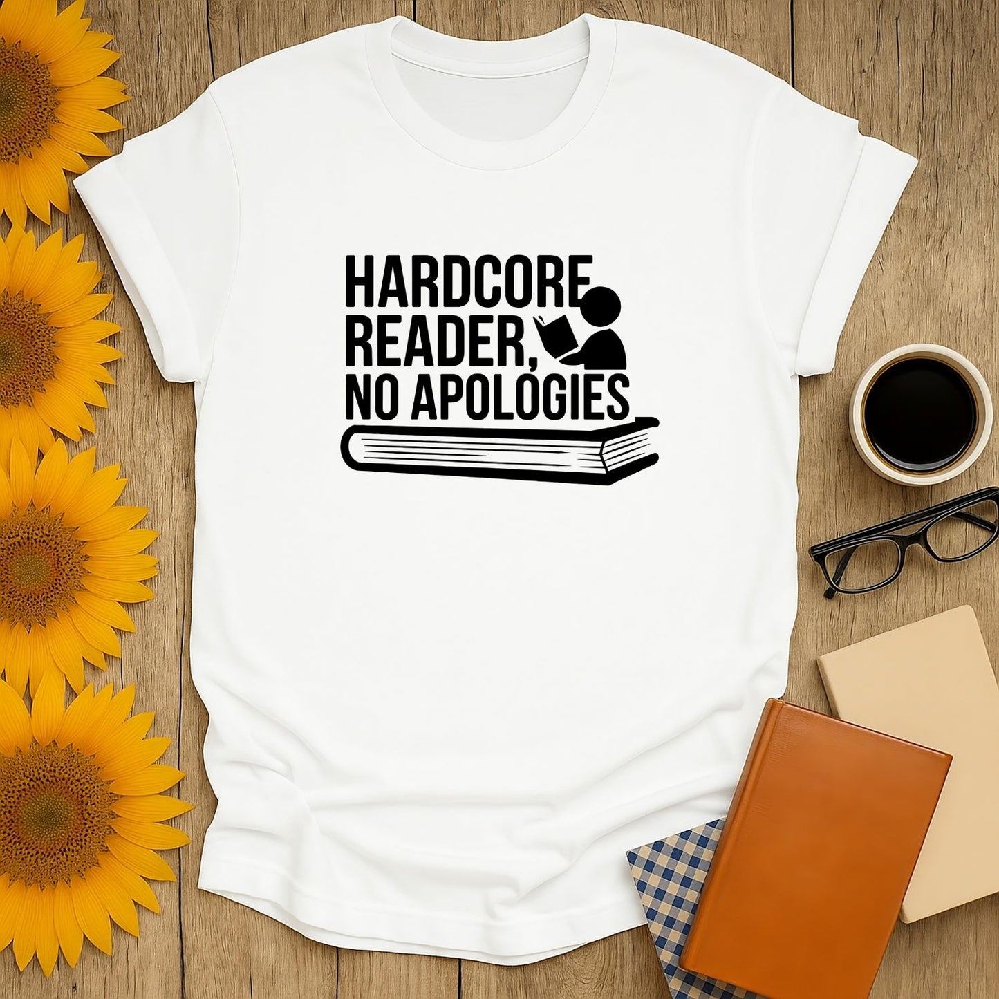 Hardcore Reader T-Shirt with humorous illustration of a reader on a book, perfect gift for book lovers, tea, or coffee fans.