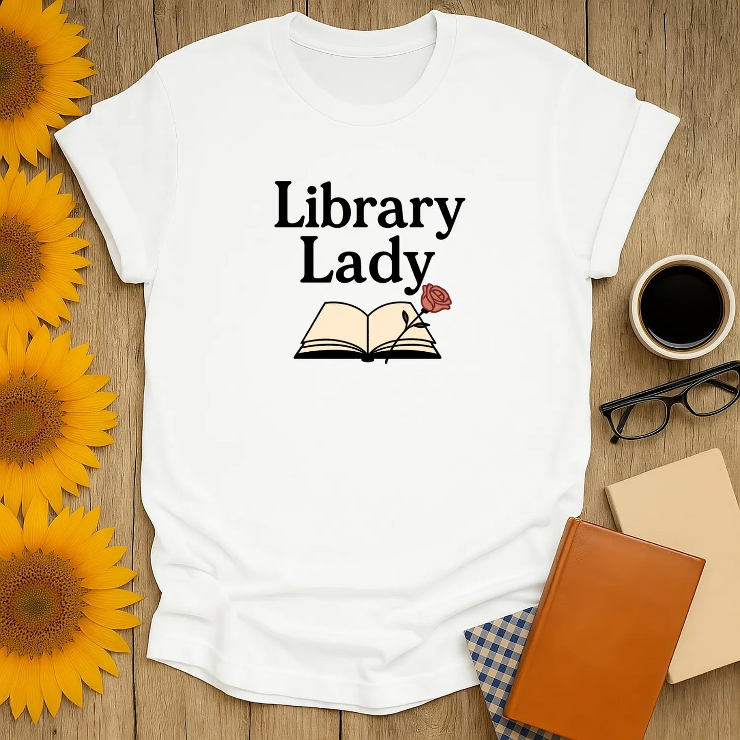 Library Lady T-Shirt with an open book and a rose, perfect gift for cozy readers who love books and a spot of tea.