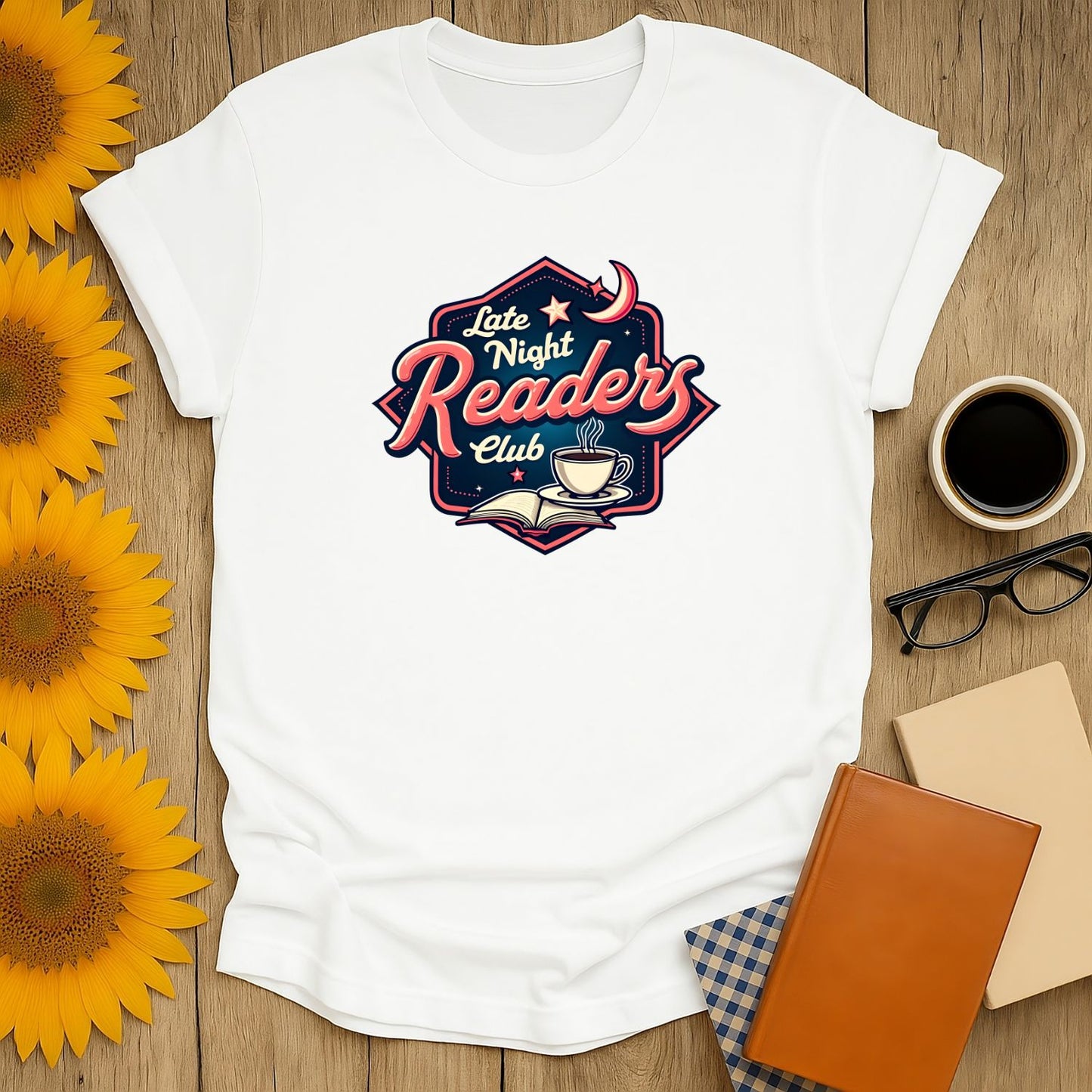 Late Night Readers Club shirt features coffee cup & book design, cozy tee for book lovers, perfect gift for readers who adore cats.