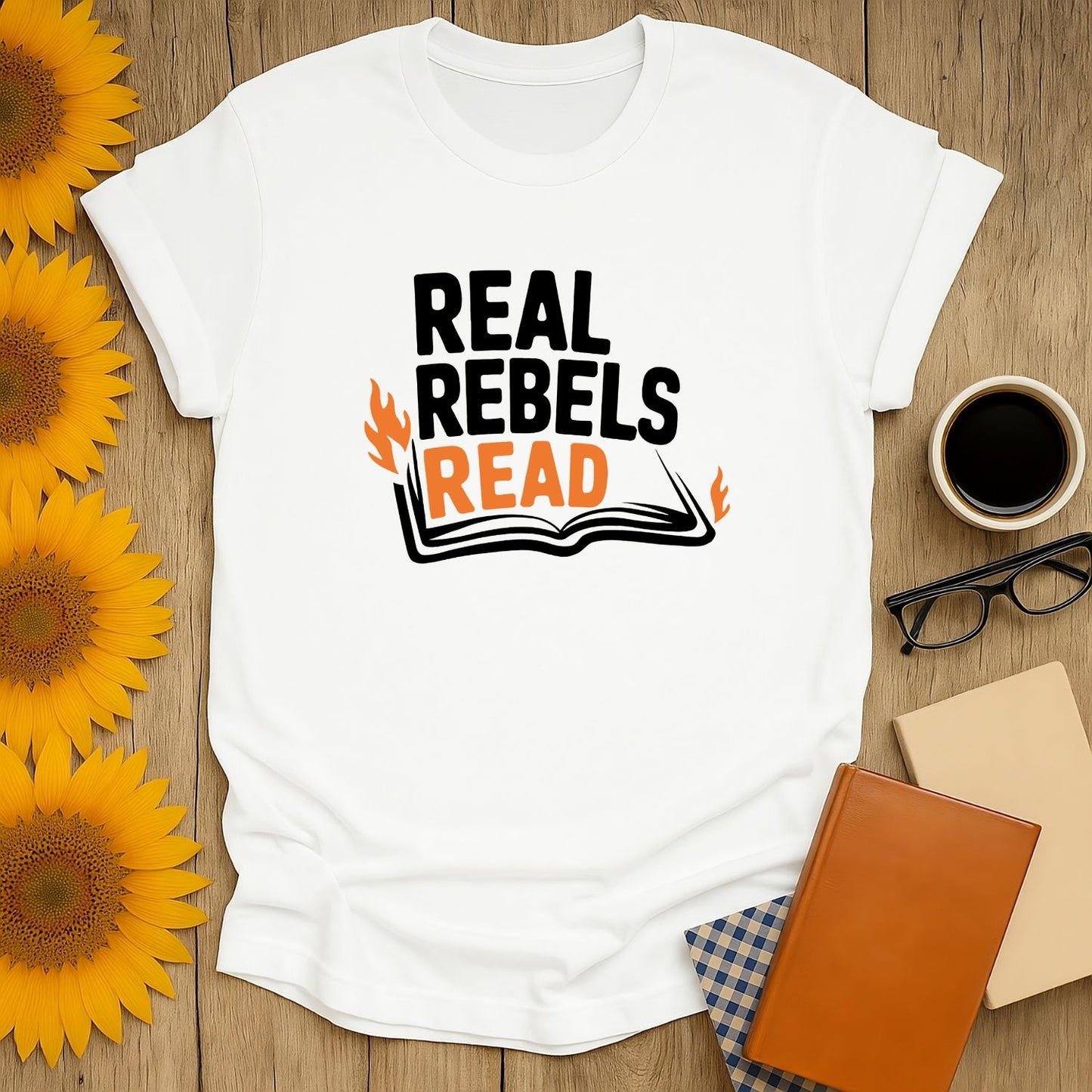 Real Rebels Read T-Shirt: a cozy book lover shirt with playful text, perfect gifts for readers who enjoy cats, coffee, or tea.