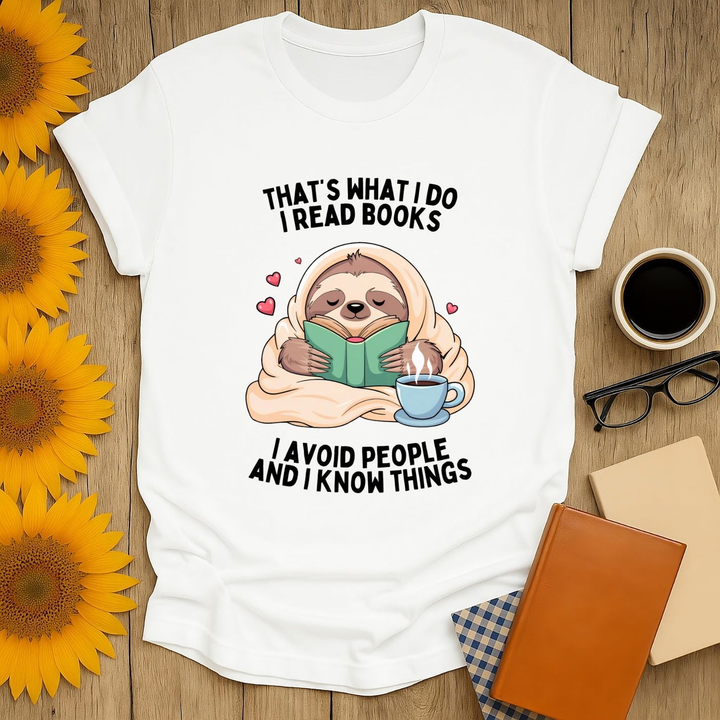 Read, Avoid, Know t-shirt featuring a sloth reading a book, perfect for book lovers and cozy casual wear.